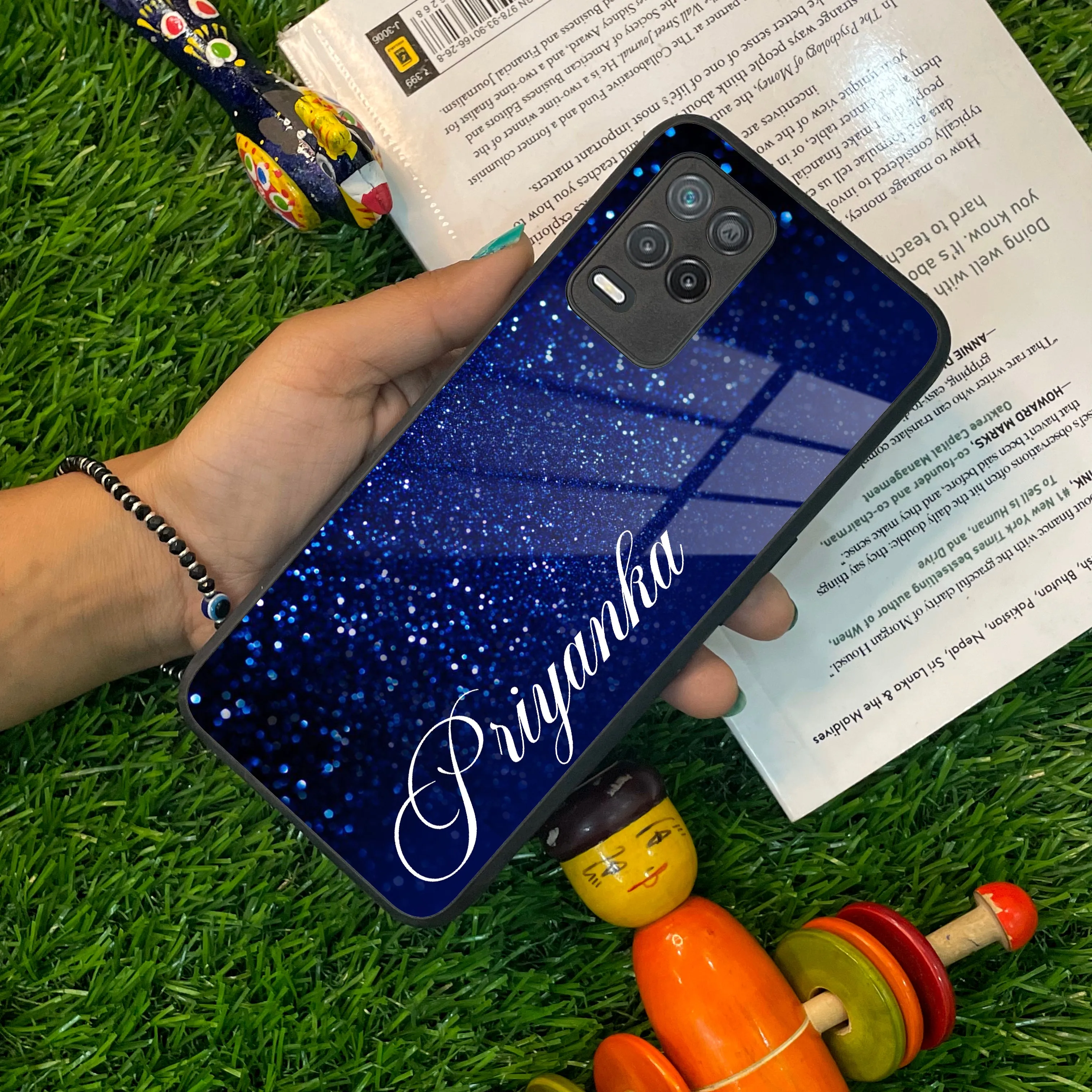 Blue Glitter Customize Glass Case Cover For Realme/Narzo