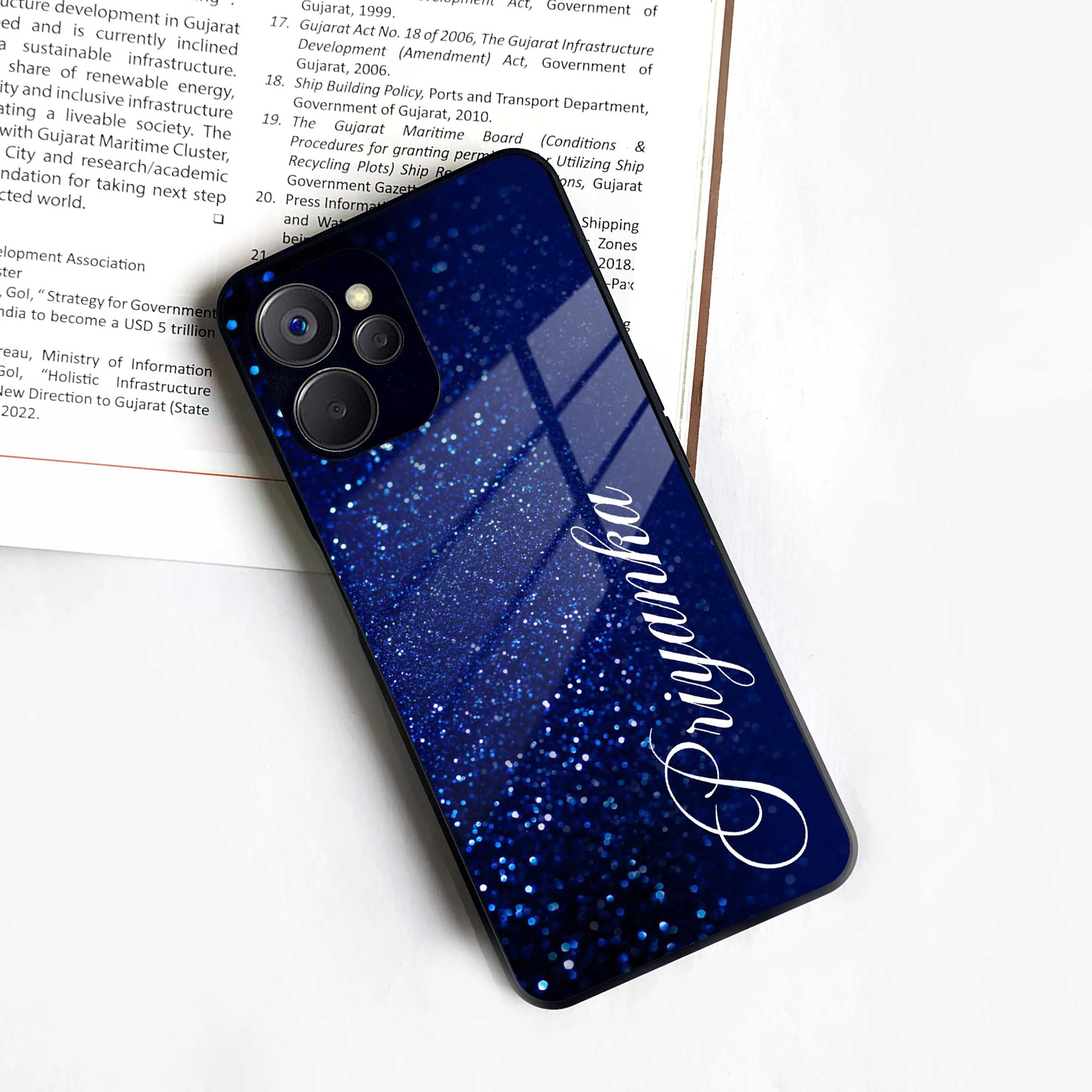 Blue Glitter Customize Glass Case Cover For Realme/Narzo