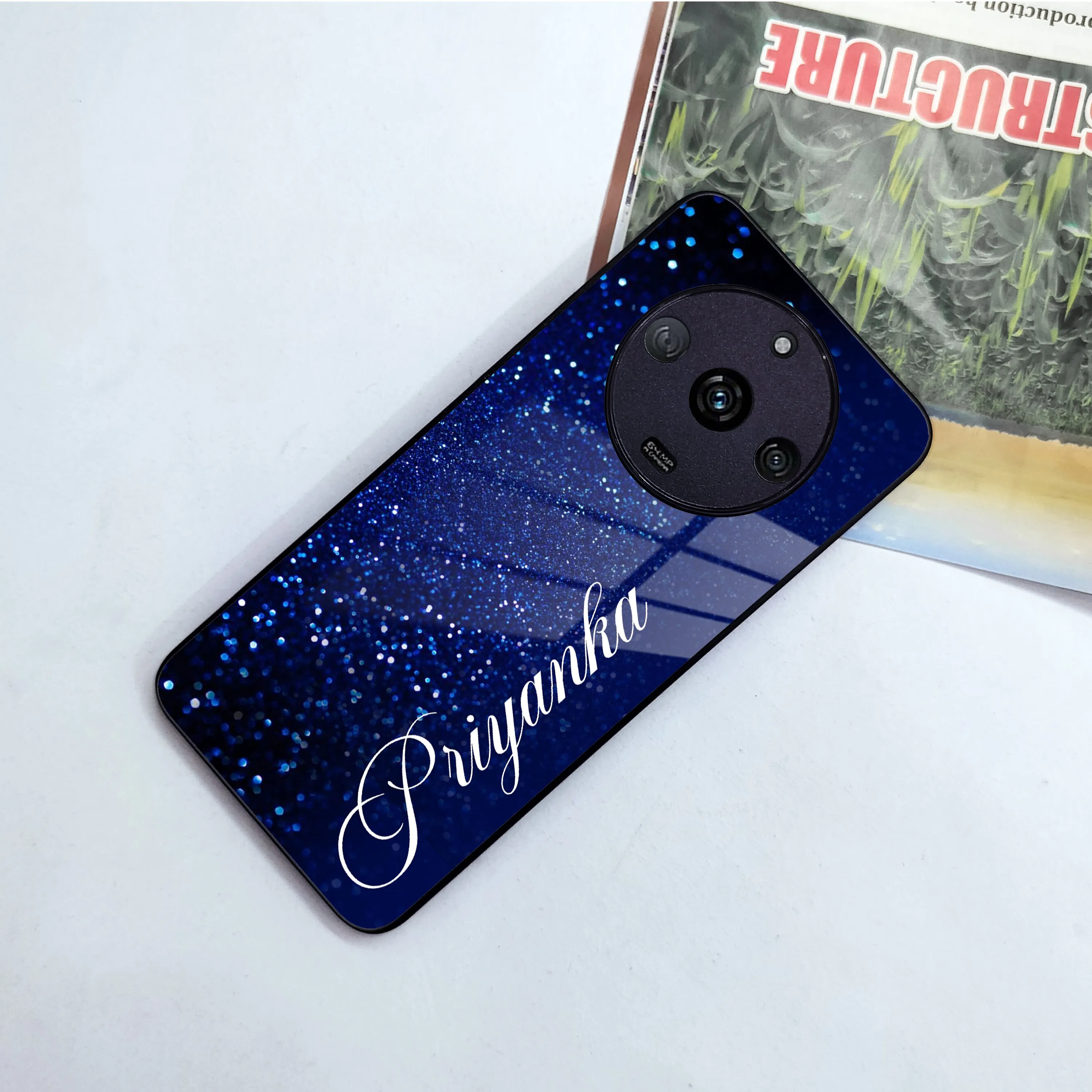 Blue Glitter Customize Glass Case Cover For Realme/Narzo