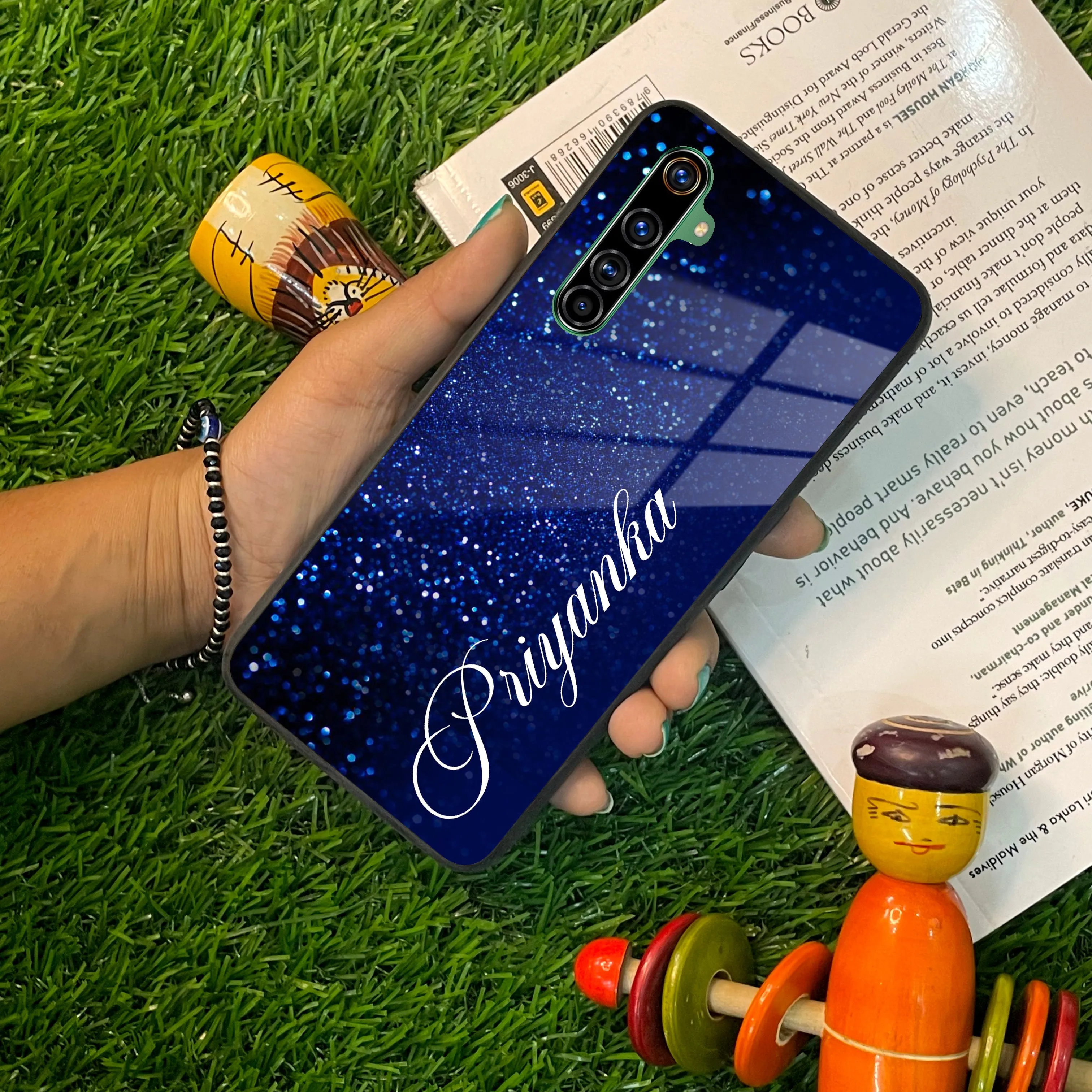 Blue Glitter Customize Glass Case Cover For Realme/Narzo