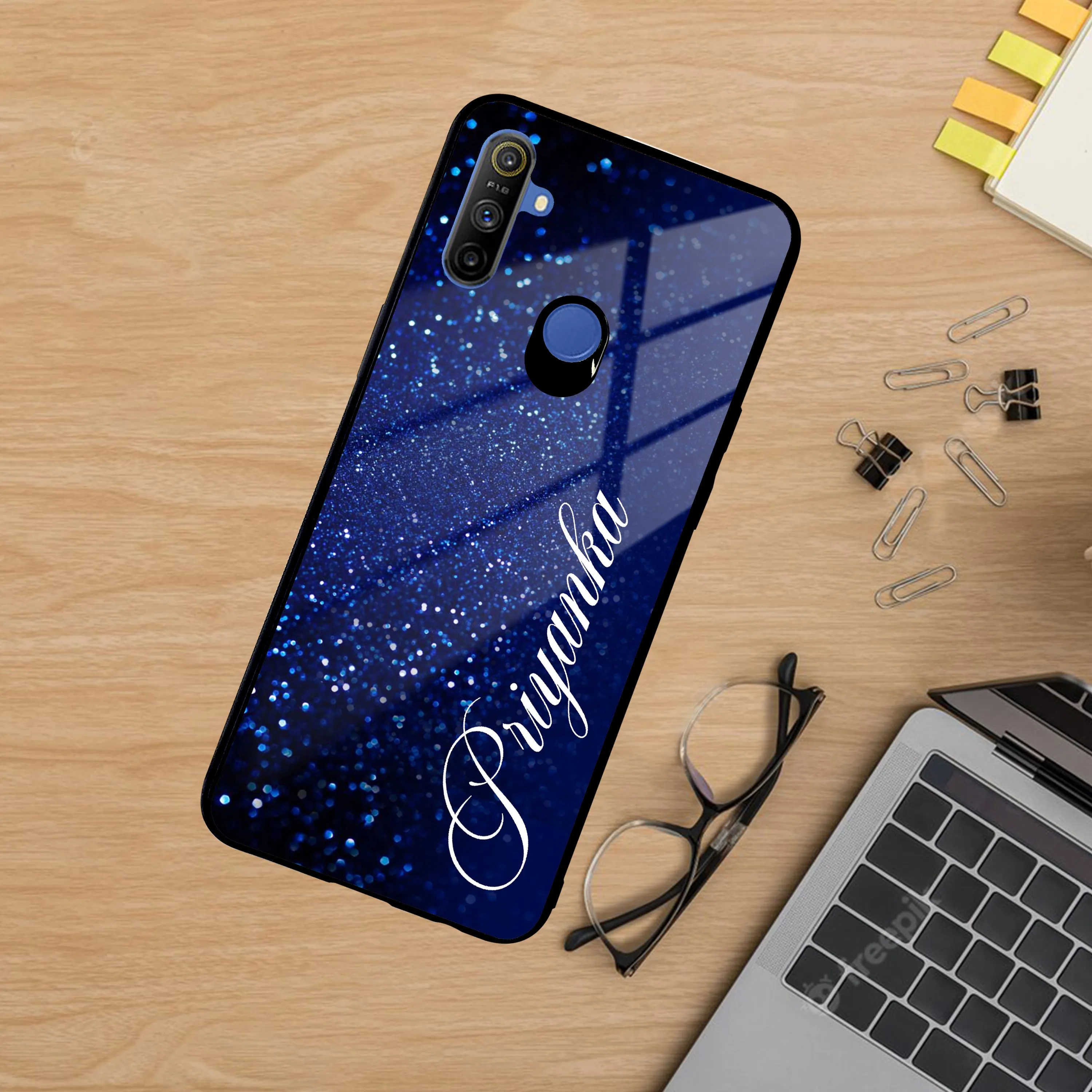 Blue Glitter Customize Glass Case Cover For Realme/Narzo