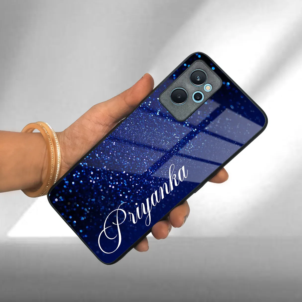 Blue Glitter Customize Glass Case Cover For Realme/Narzo