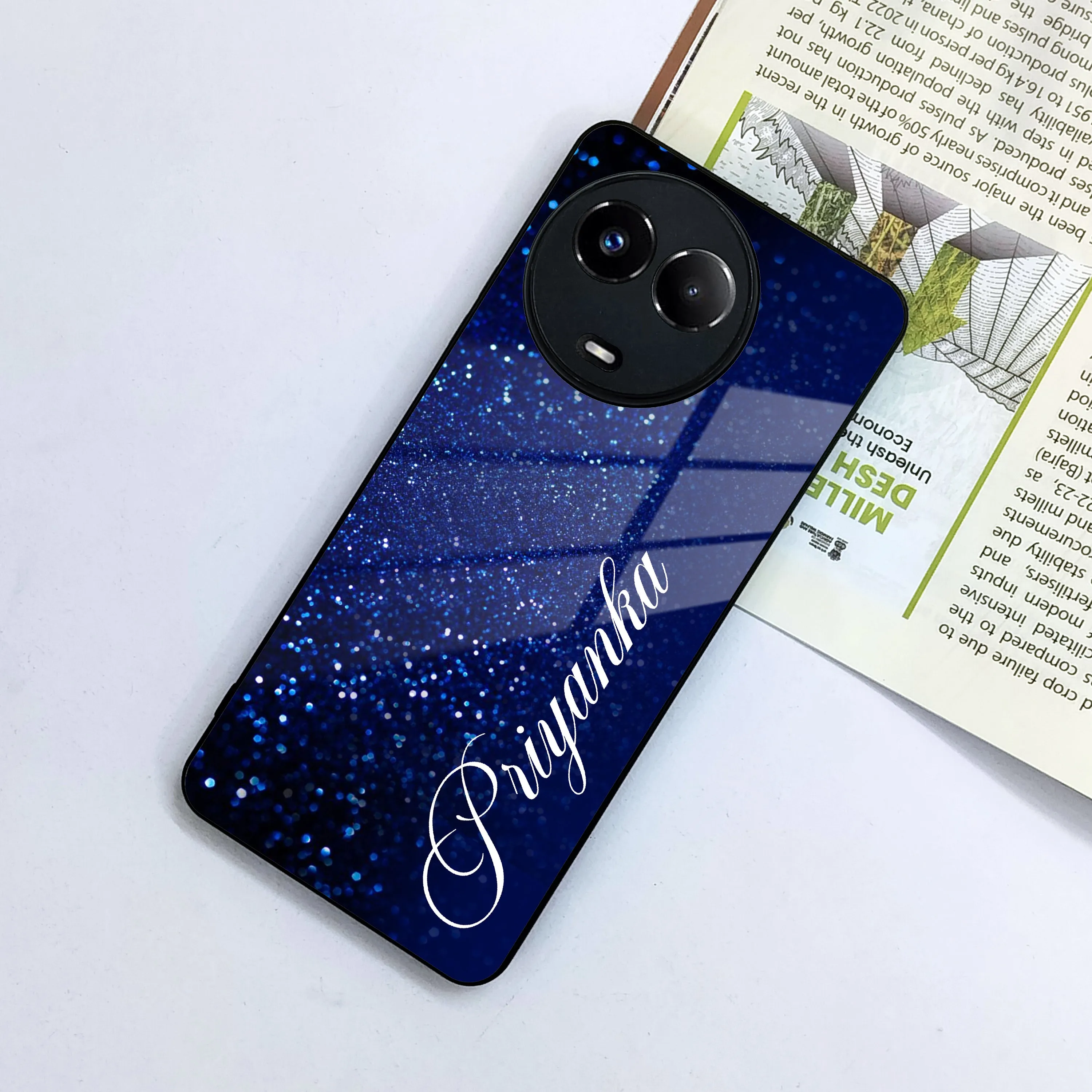 Blue Glitter Customize Glass Case Cover For Realme/Narzo