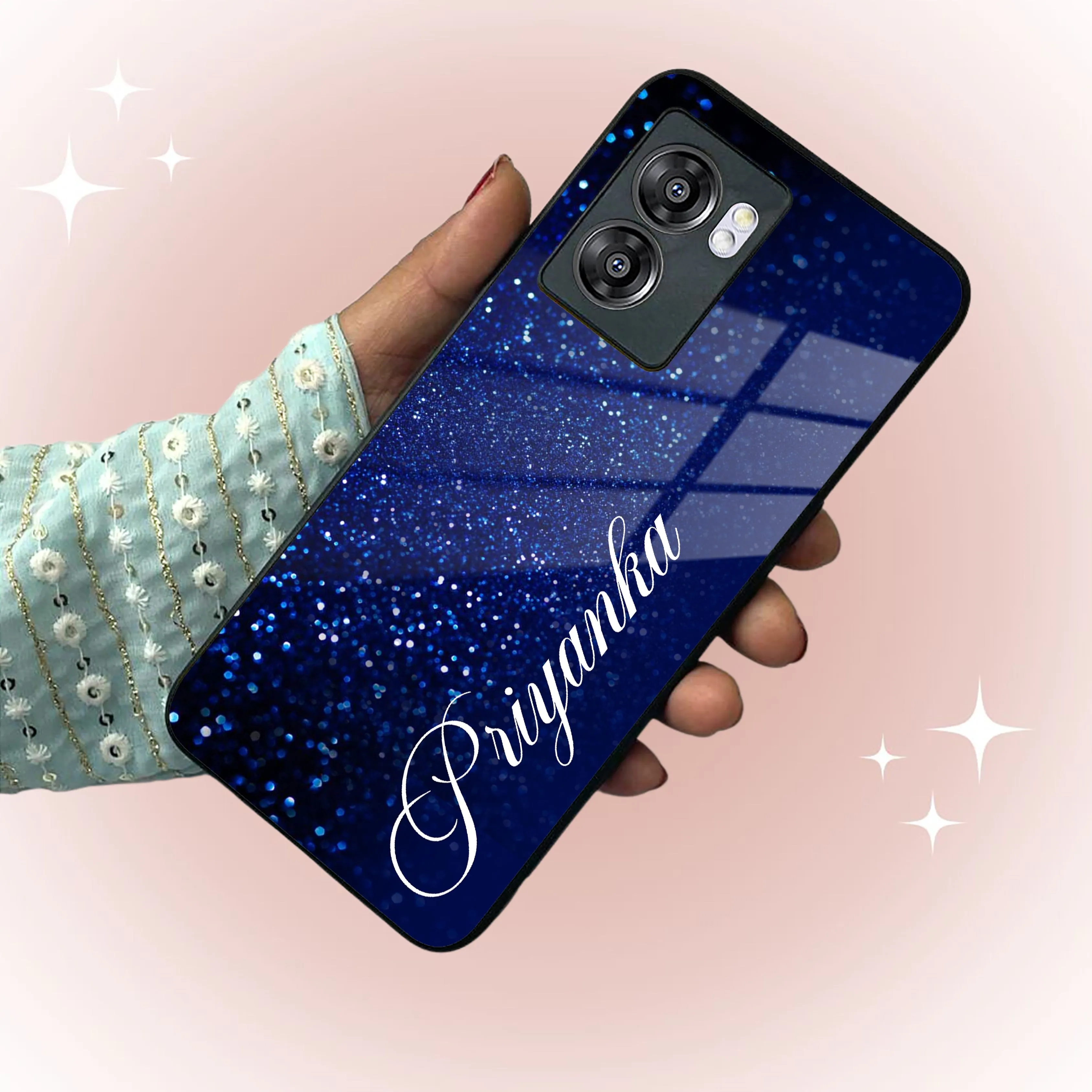 Blue Glitter Customize Glass Case Cover For Realme/Narzo