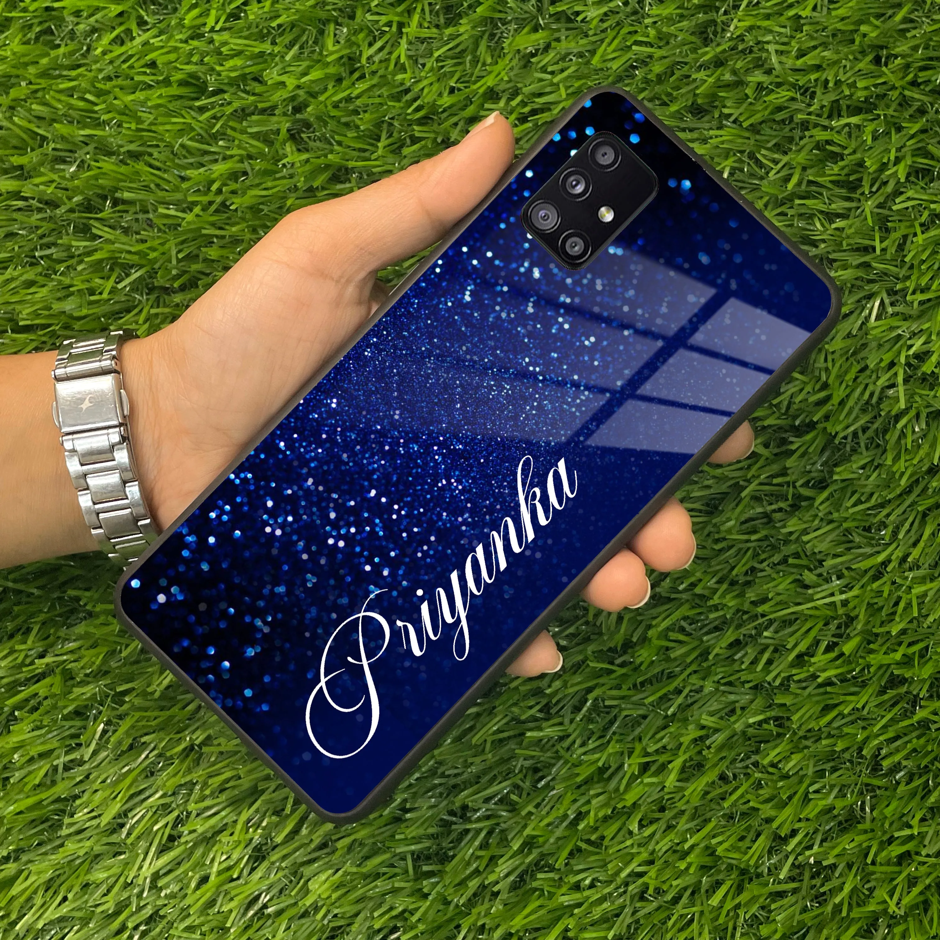 Blue Glitter Customize Glass Case Cover For Samsung