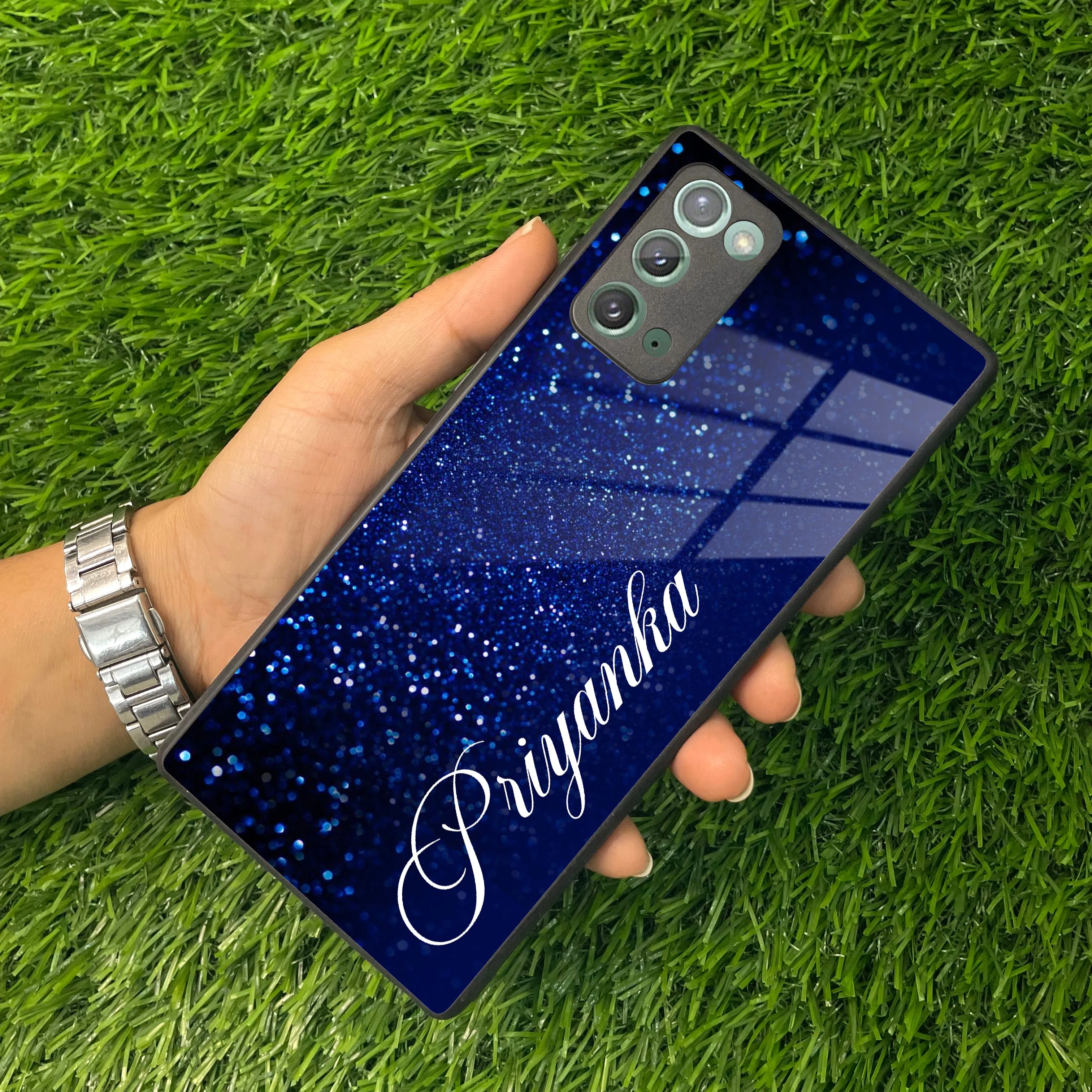 Blue Glitter Customize Glass Case Cover For Samsung