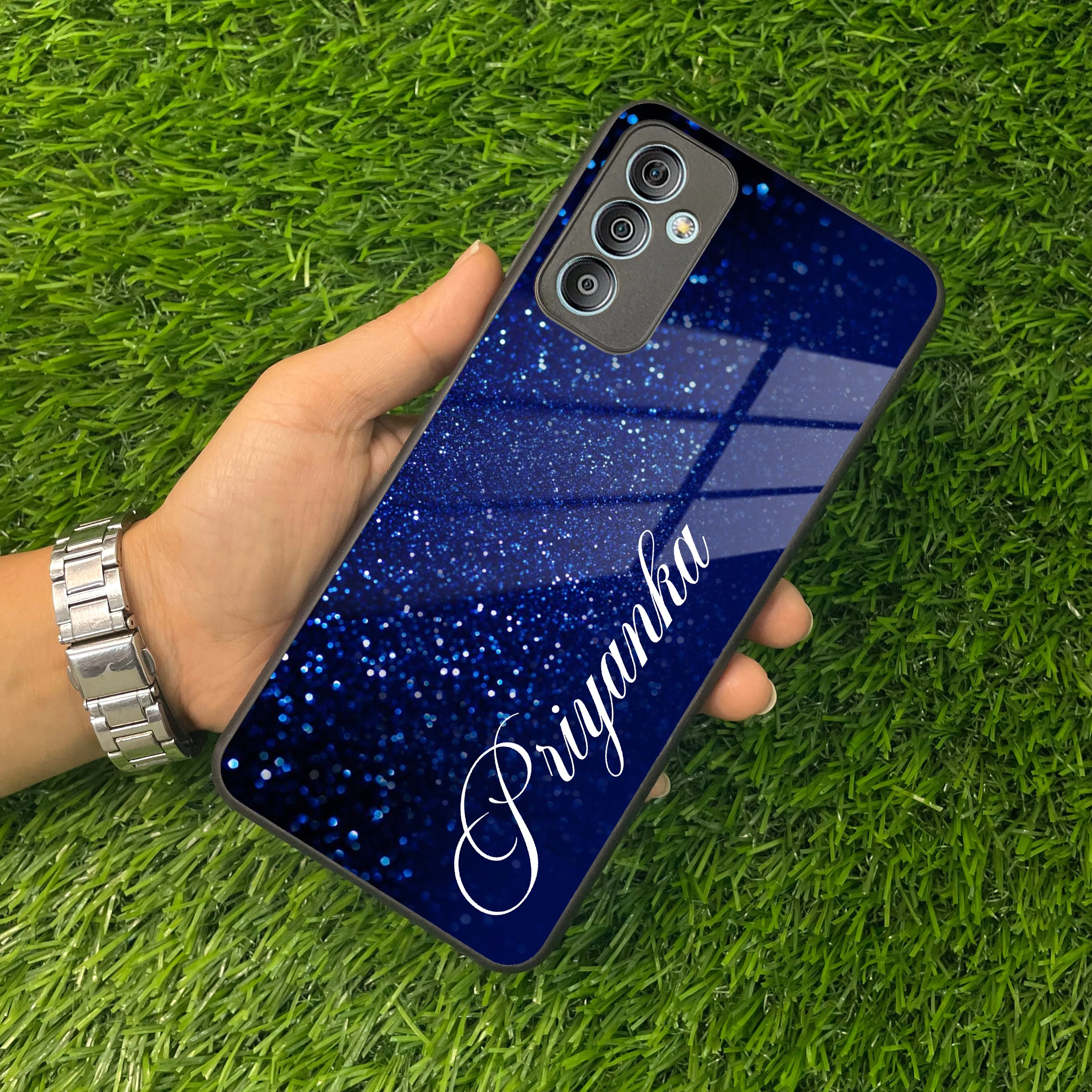 Blue Glitter Customize Glass Case Cover For Samsung