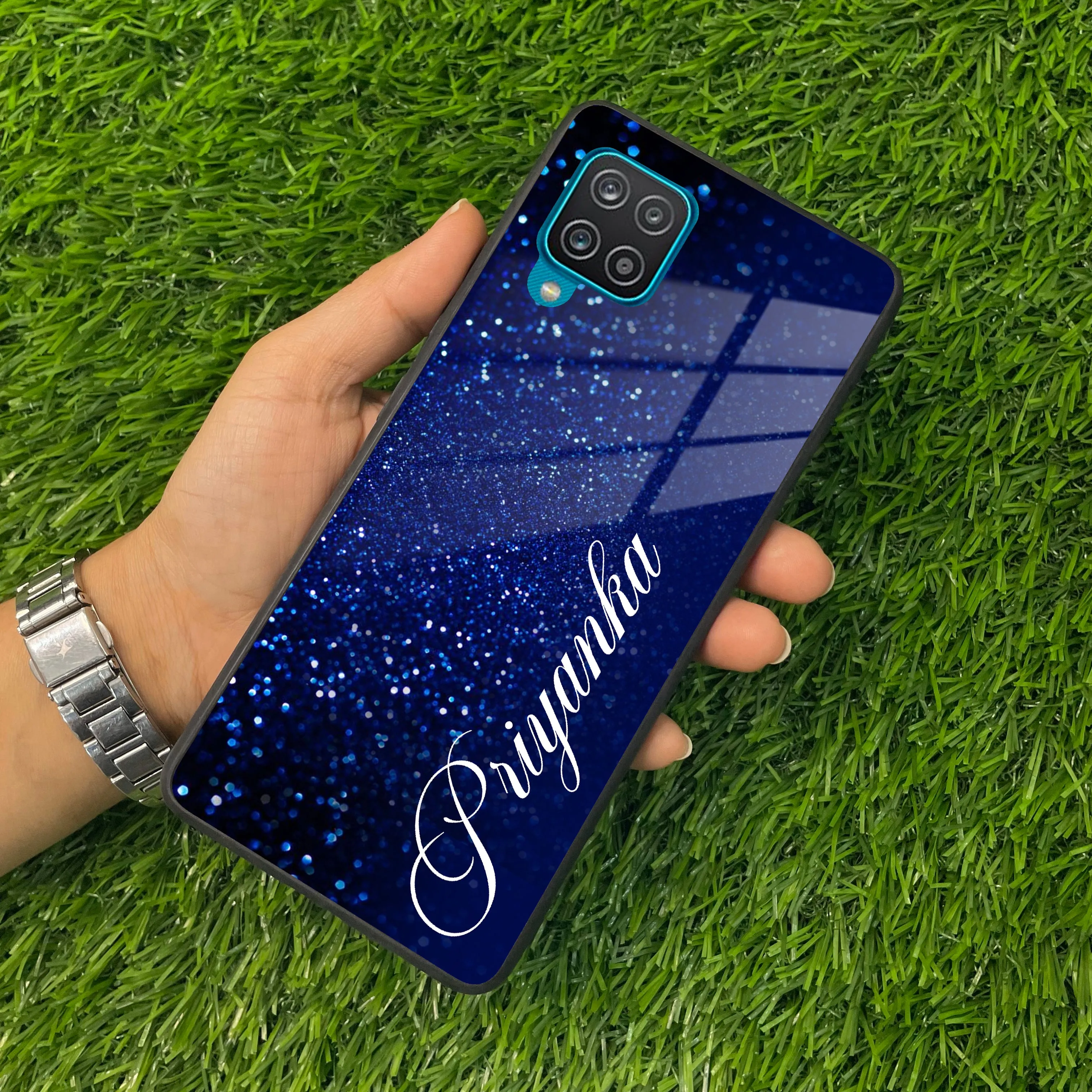 Blue Glitter Customize Glass Case Cover For Samsung