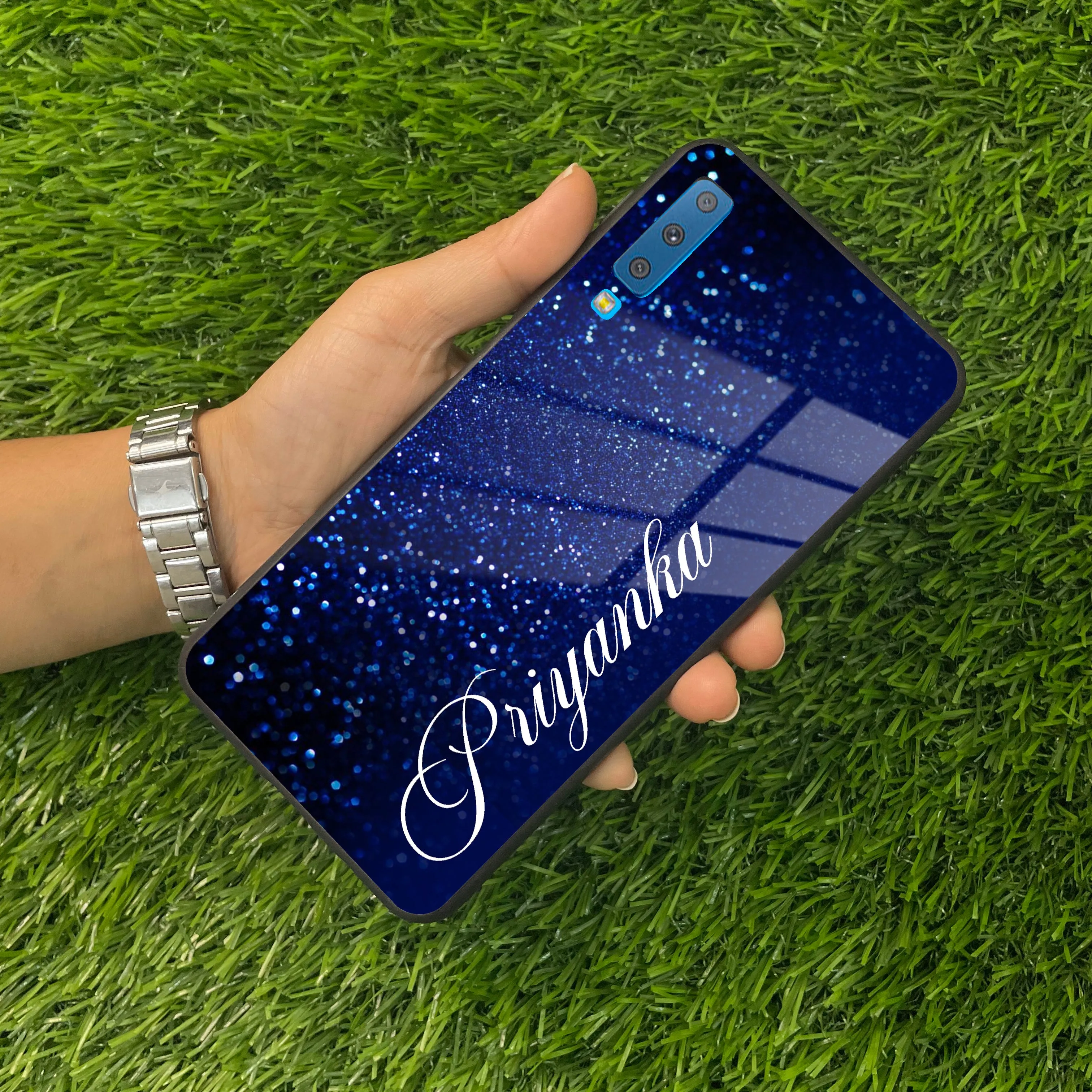 Blue Glitter Customize Glass Case Cover For Samsung