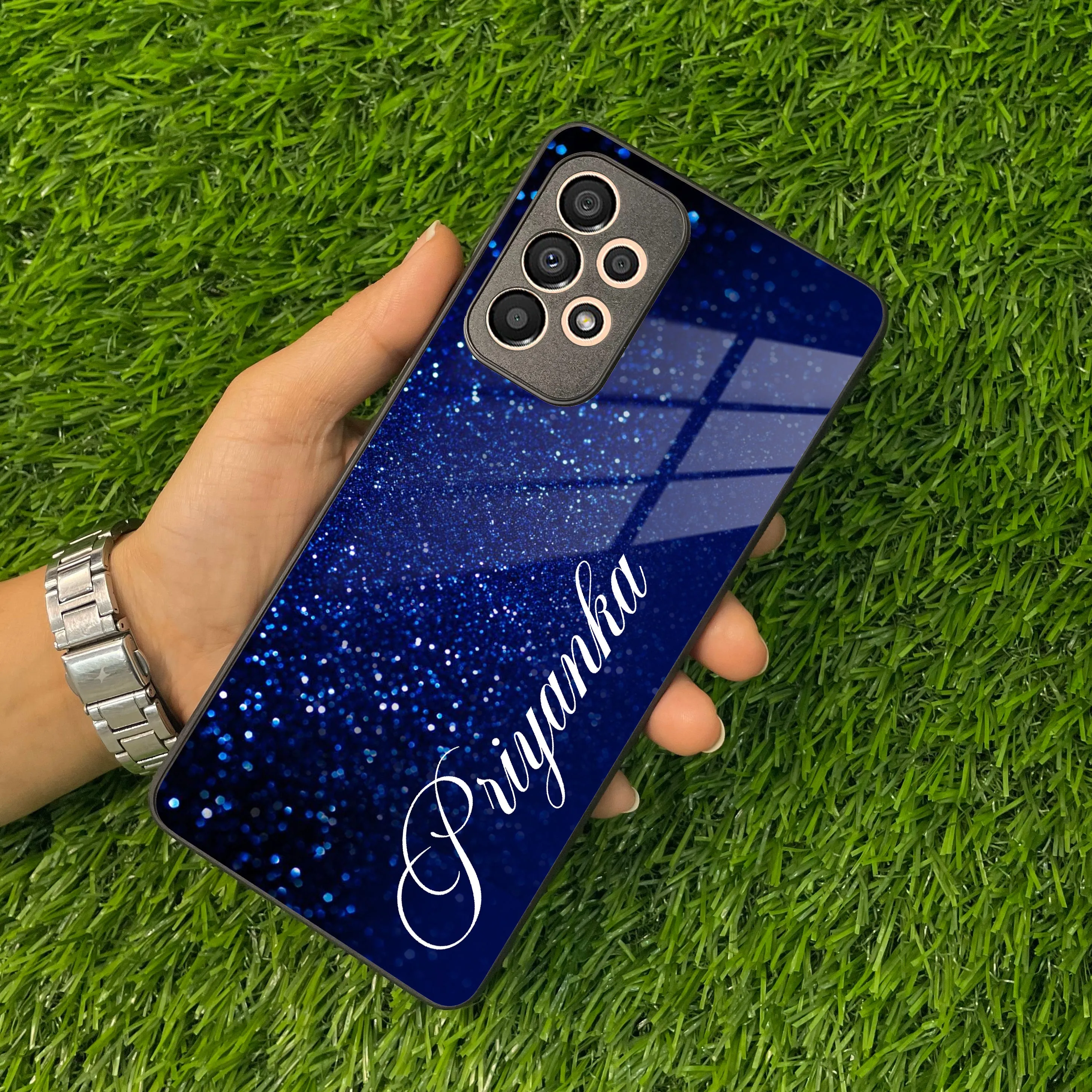 Blue Glitter Customize Glass Case Cover For Samsung