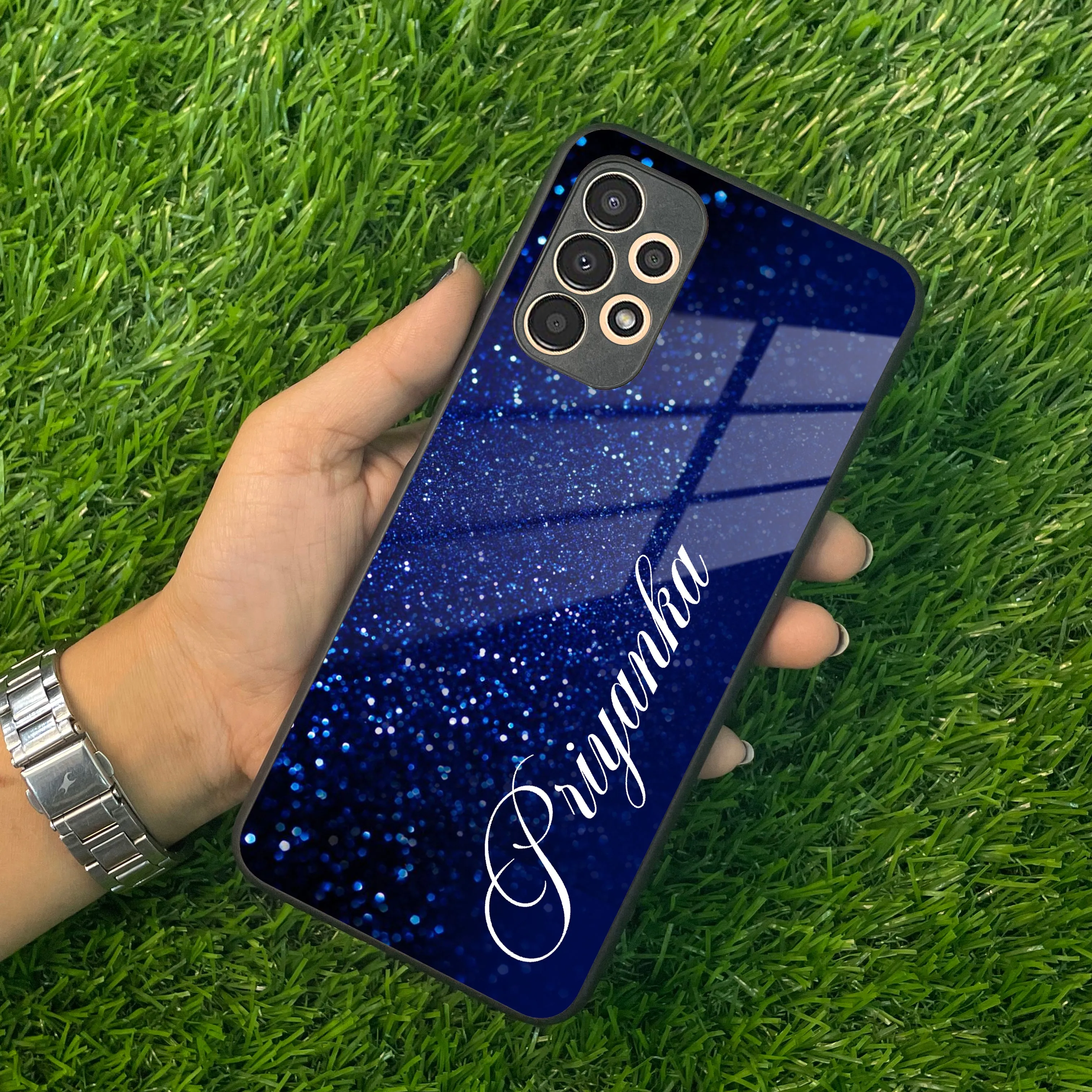 Blue Glitter Customize Glass Case Cover For Samsung