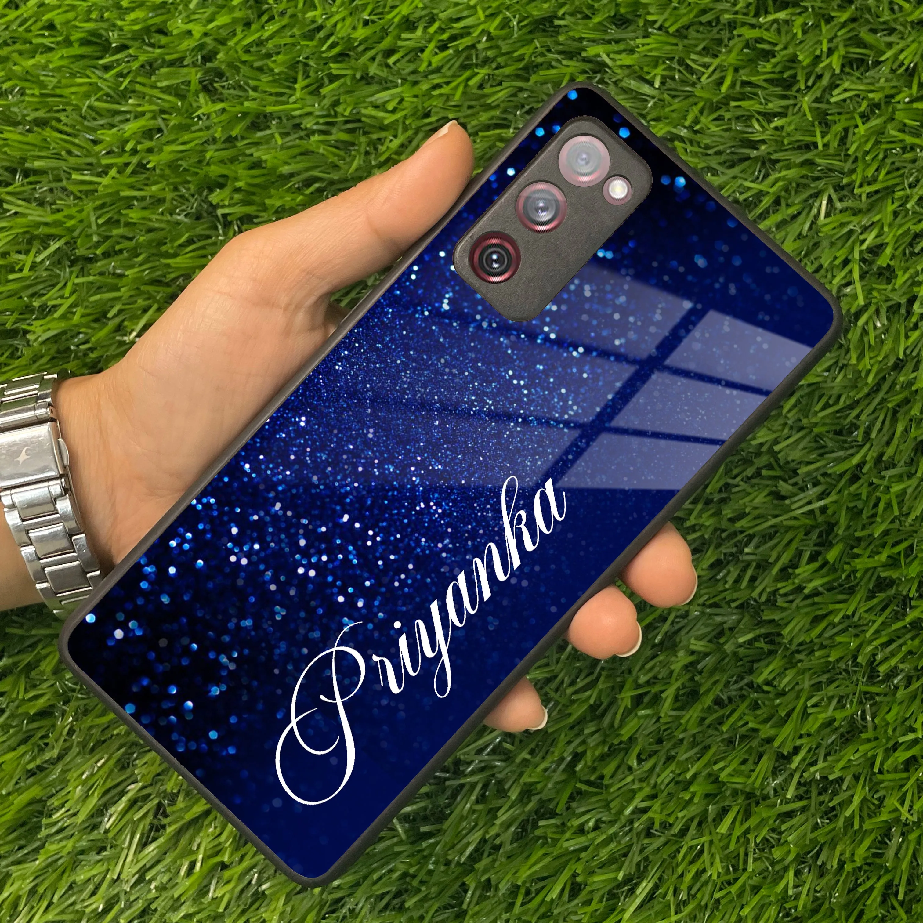 Blue Glitter Customize Glass Case Cover For Samsung