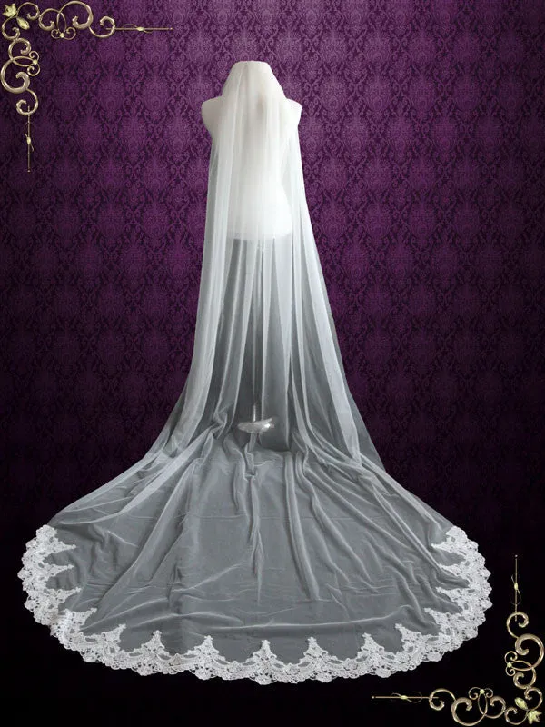 Chapel Length Soft Tulle Wedding Veil with Laces at the End VG1046