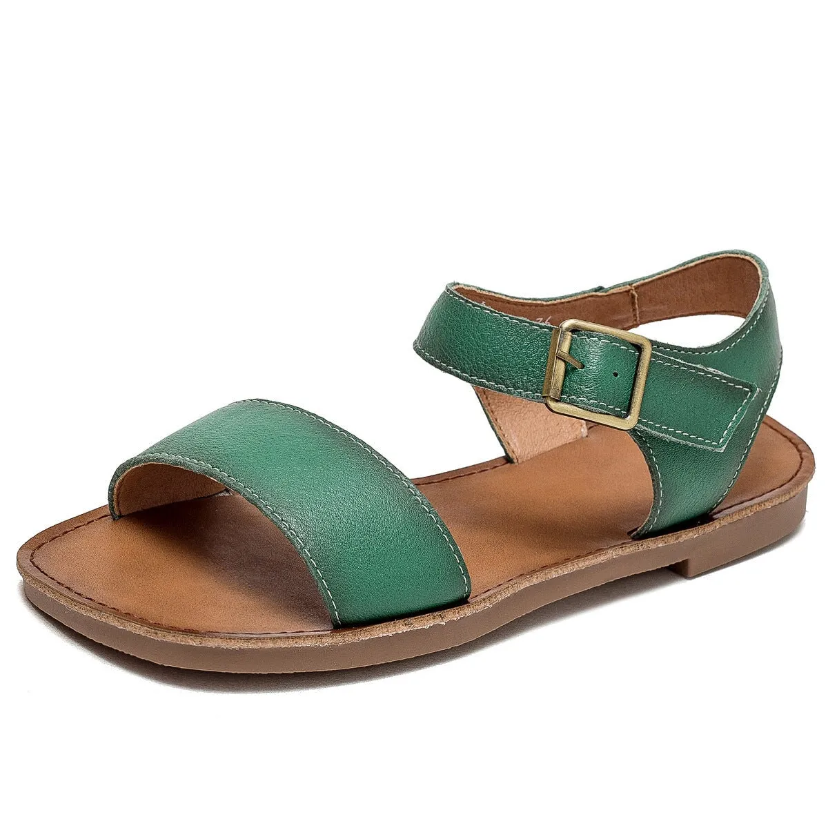 Classic Leather Sandals for Women Flat Ankle Strap Side Buckle in Brown/Beige/Green