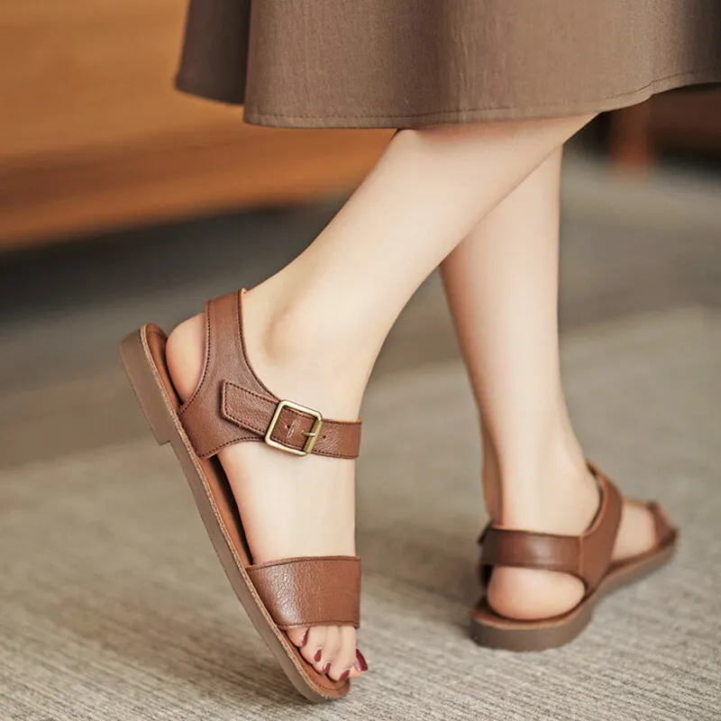 Classic Leather Sandals for Women Flat Ankle Strap Side Buckle in Brown/Beige/Green