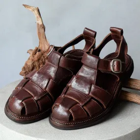 Hand Stitching Horse Leather Gladiator Sandals For Women Fisherman Shoes in Coffee