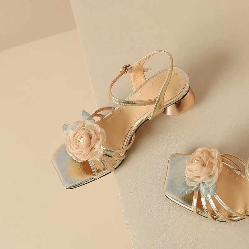 Handmade Leather Muti Strap Sweet Flower Gladiator Sandals 55mm Kitty Heel in Golden/Silver