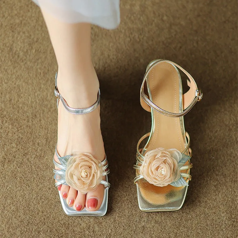 Handmade Leather Muti Strap Sweet Flower Gladiator Sandals 55mm Kitty Heel in Golden/Silver