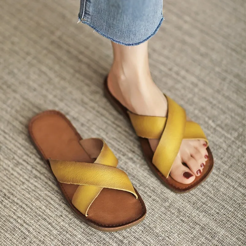 Leather Cross Strap Slide Sandals for Women Flat Slippers in Yellow/Brown/Beige