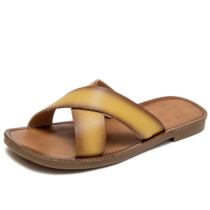 Leather Cross Strap Slide Sandals for Women Flat Slippers in Yellow/Brown/Beige