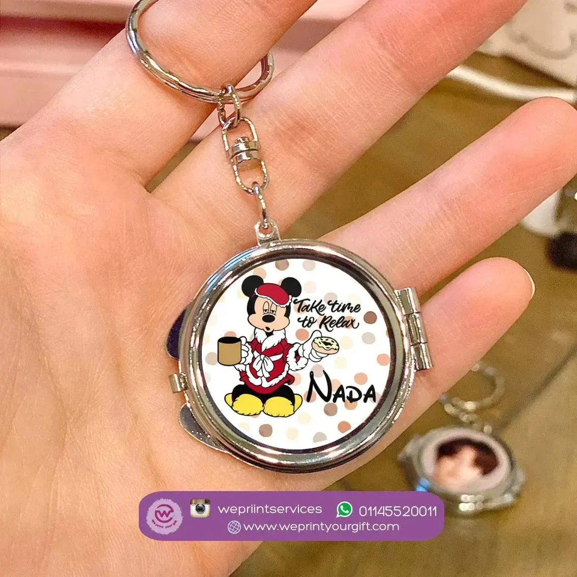 Metal Keychain -  With Inside Mirror - Minnie Mouse