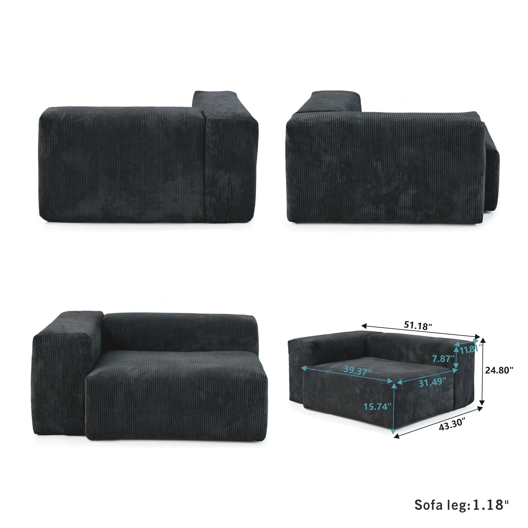 Modular Sectional Sofa, Corduroy U Shaped Sofa Couch with Chaise Ottomans - Black