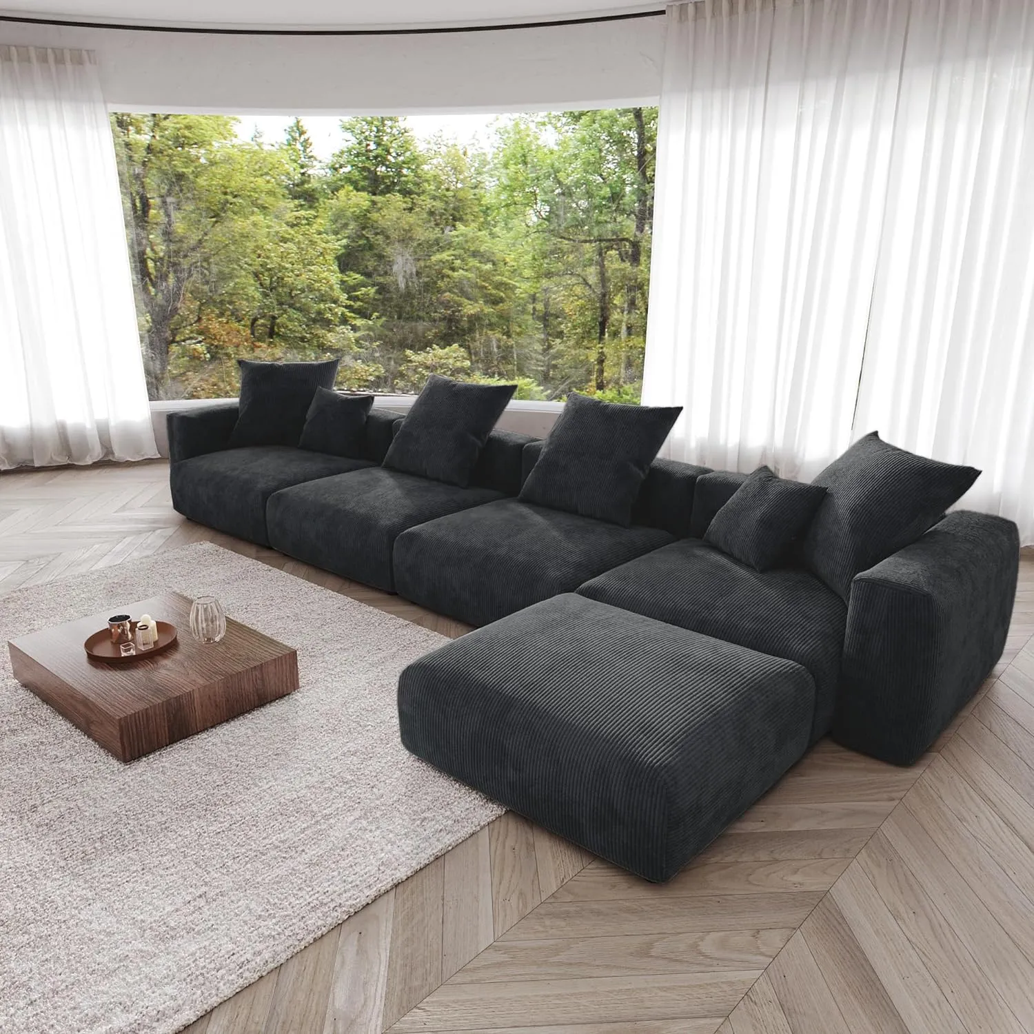 Modular Sectional Sofa, Corduroy U Shaped Sofa Couch with Chaise Ottomans - Black