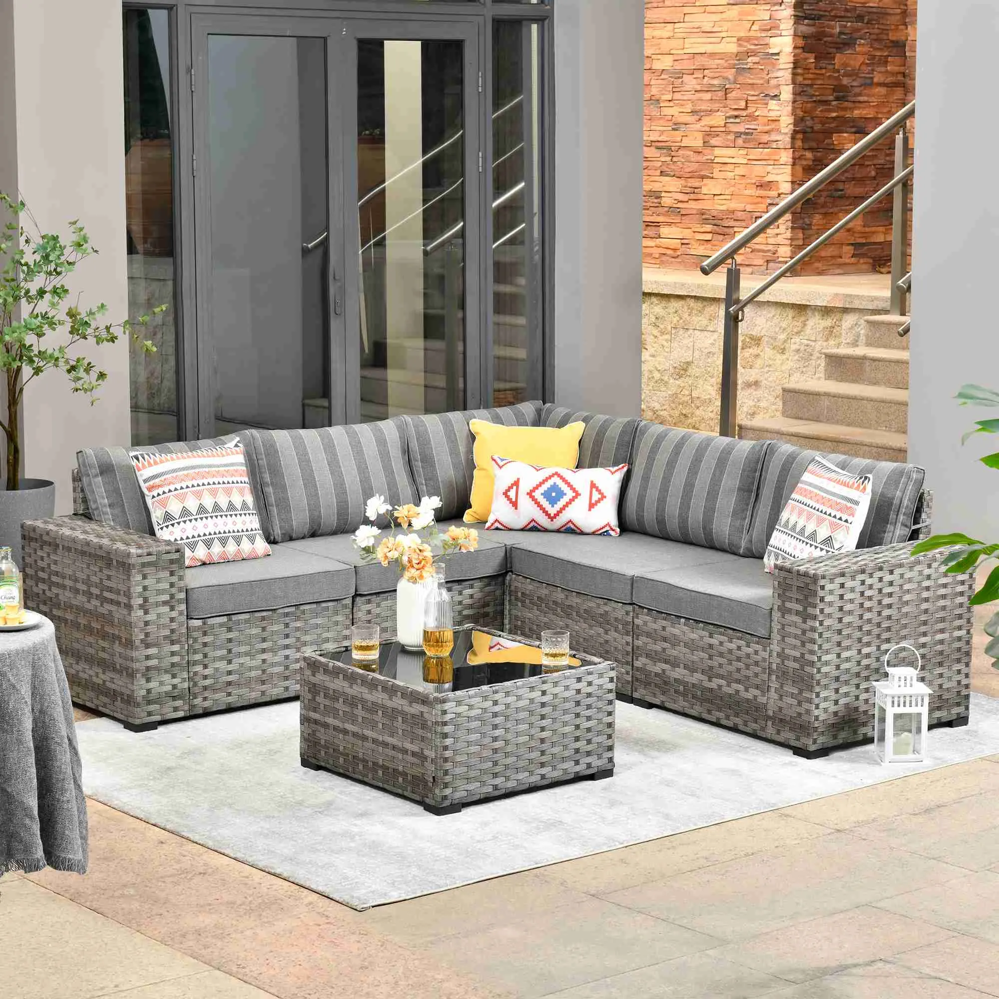 Ovios 6 Pieces Outdoor Sectional Sofa with 7.68'' Broad Handrails