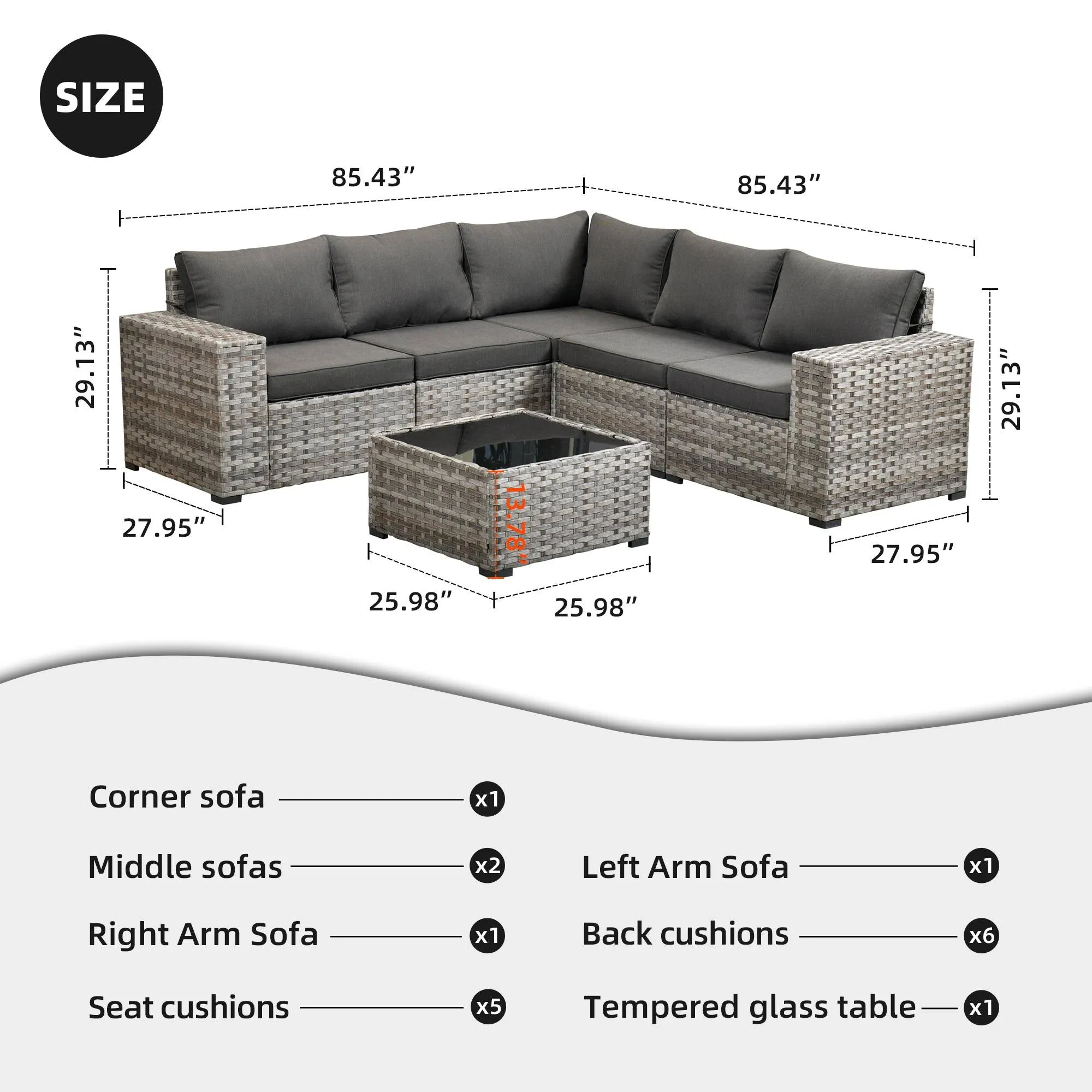 Ovios 6 Pieces Outdoor Sectional Sofa with 7.68'' Broad Handrails