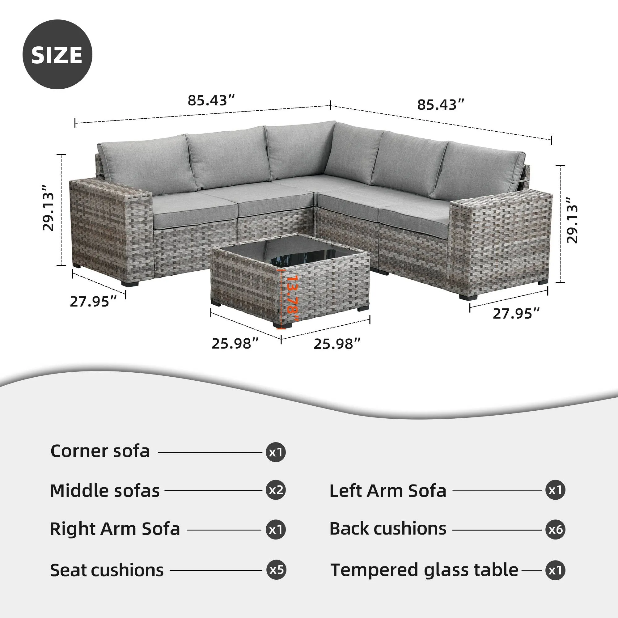 Ovios 6 Pieces Outdoor Sectional Sofa with 7.68'' Broad Handrails