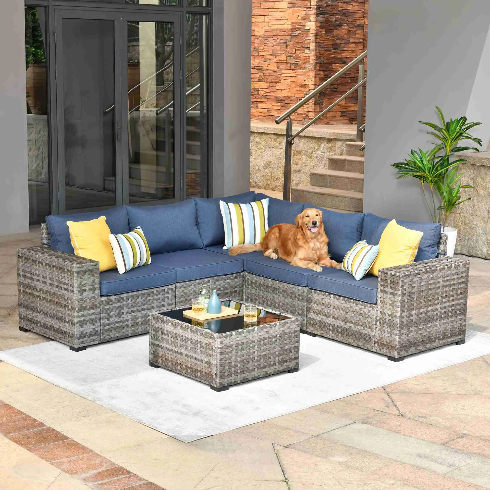 Ovios 6 Pieces Outdoor Sectional Sofa with 7.68'' Broad Handrails