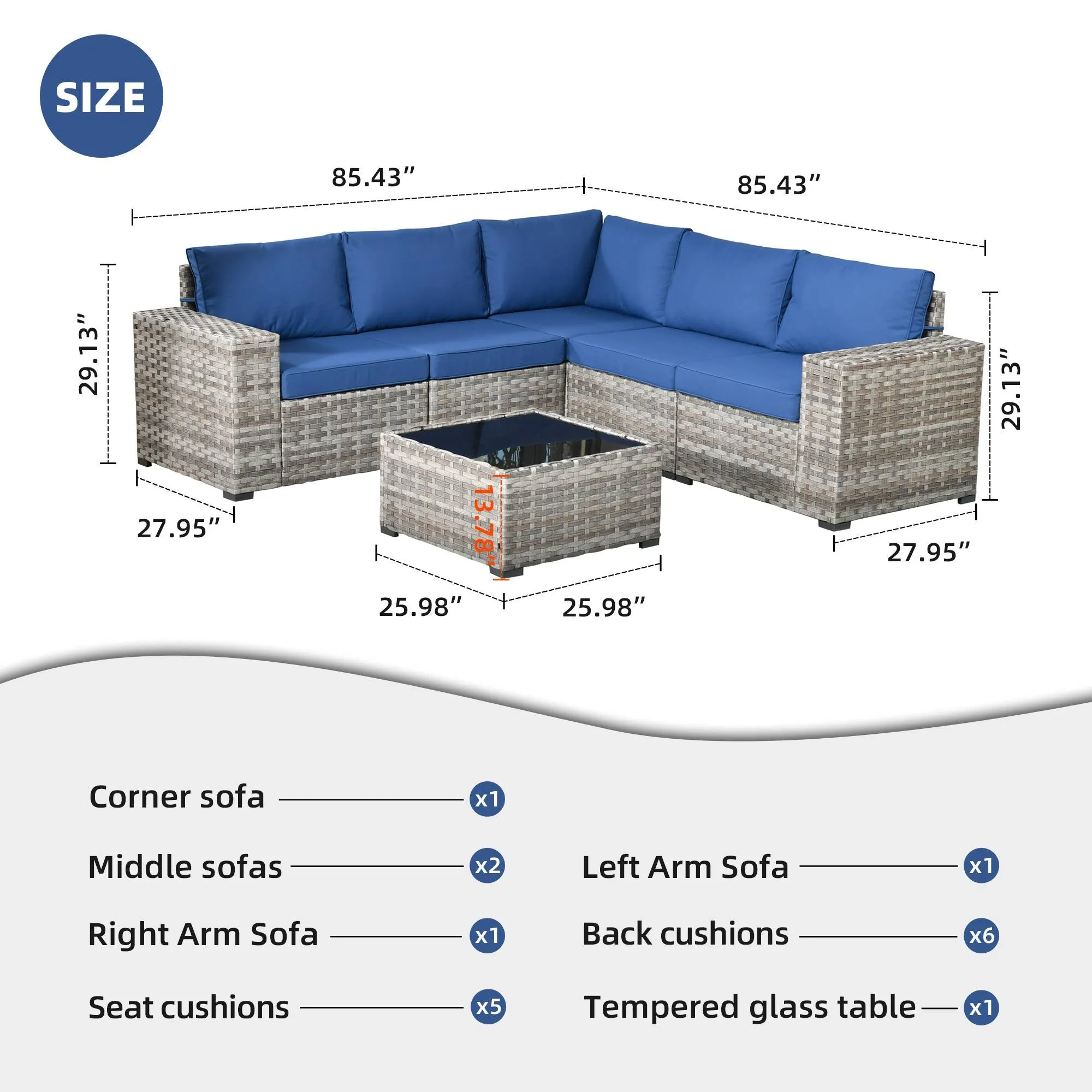 Ovios 6 Pieces Outdoor Sectional Sofa with 7.68'' Broad Handrails