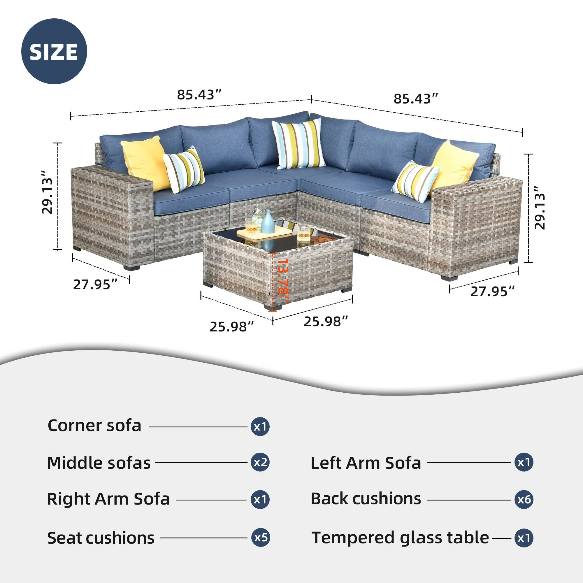 Ovios 6 Pieces Outdoor Sectional Sofa with 7.68'' Broad Handrails