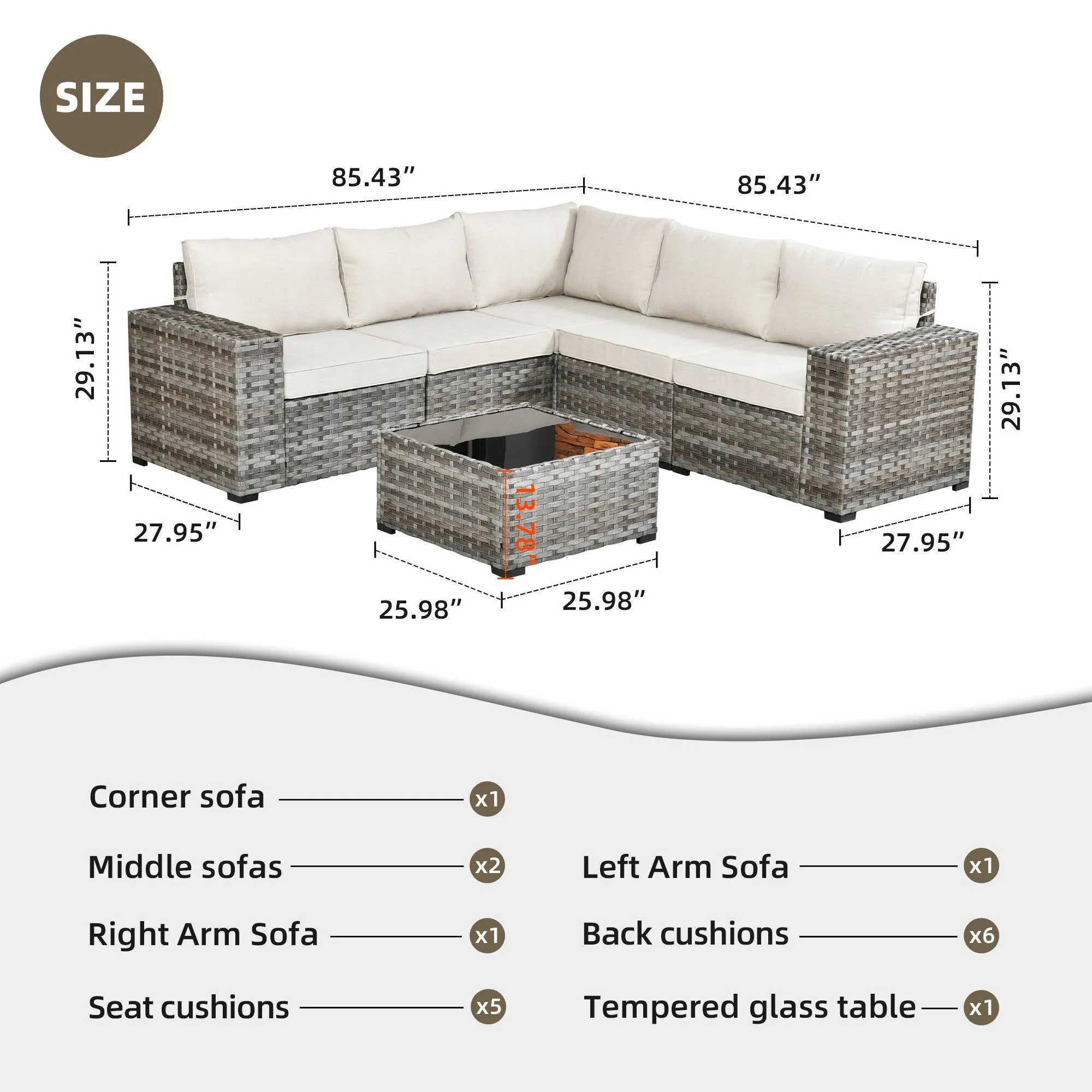 Ovios 6 Pieces Outdoor Sectional Sofa with 7.68'' Broad Handrails