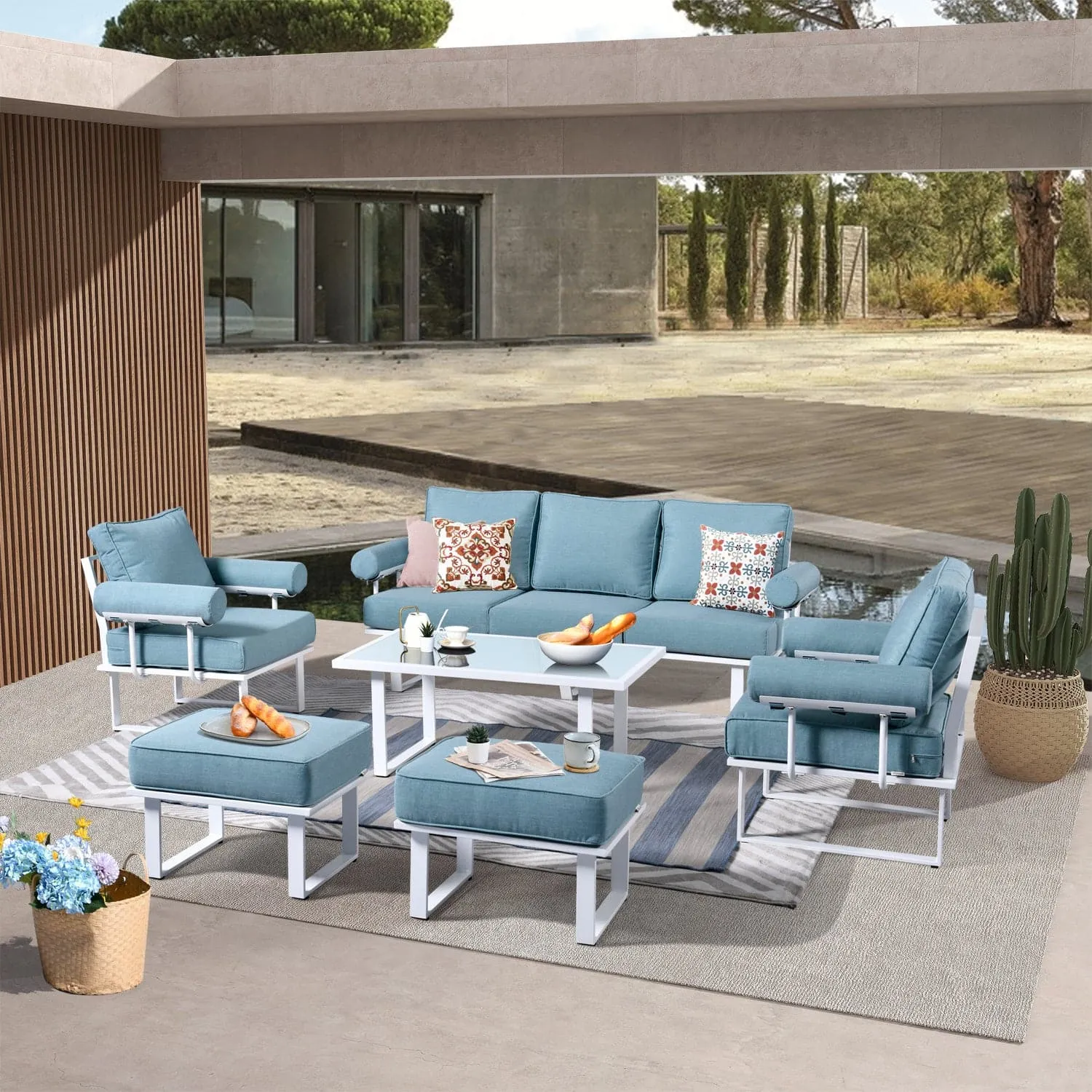 Ovios Aluminum Patio Furniture Set 6-Piece with Table and Ottoman