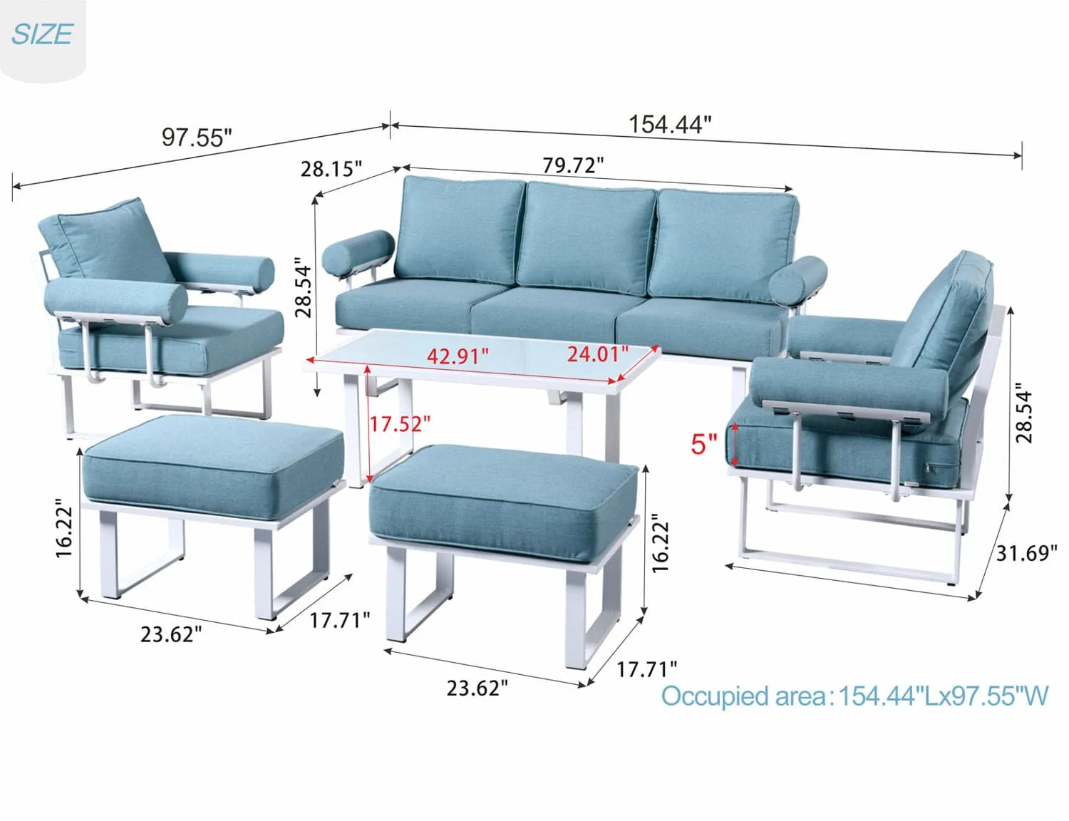 Ovios Aluminum Patio Furniture Set 6-Piece with Table and Ottoman