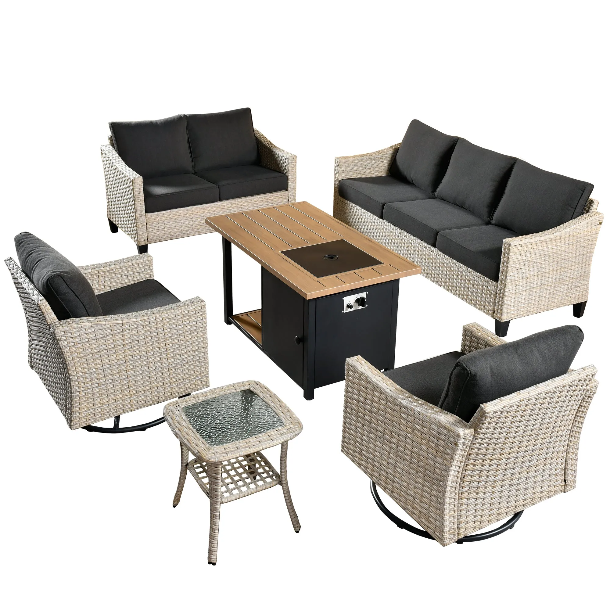 Ovios Athena Series Outdoor Furniture Sets 6-Piece include Swivel Chair & 46'' Fire Pit Table