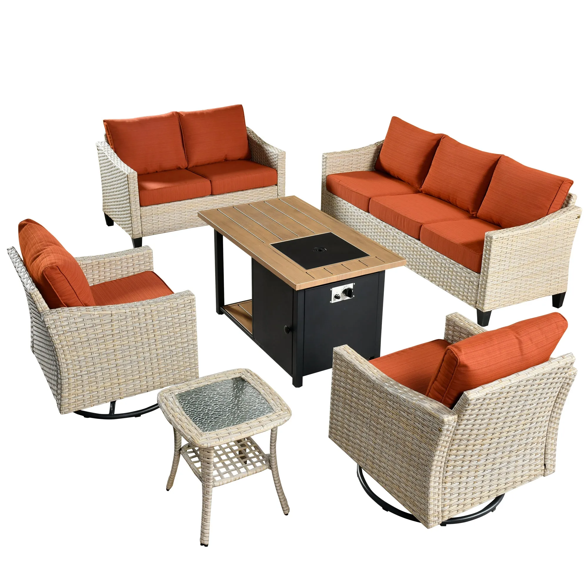 Ovios Athena Series Outdoor Furniture Sets 6-Piece include Swivel Chair & 46'' Fire Pit Table