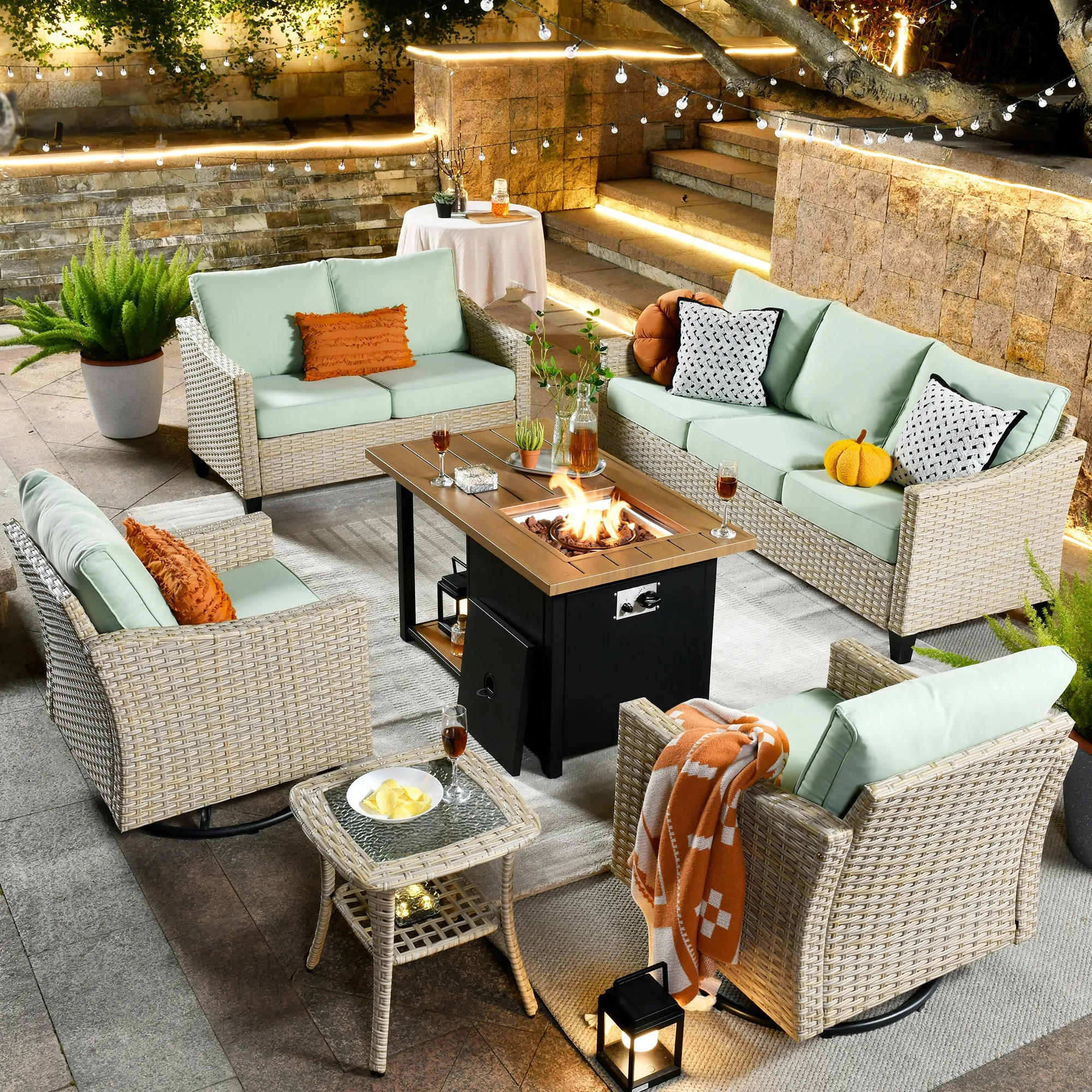 Ovios Athena Series Outdoor Furniture Sets 6-Piece include Swivel Chair & 46'' Fire Pit Table