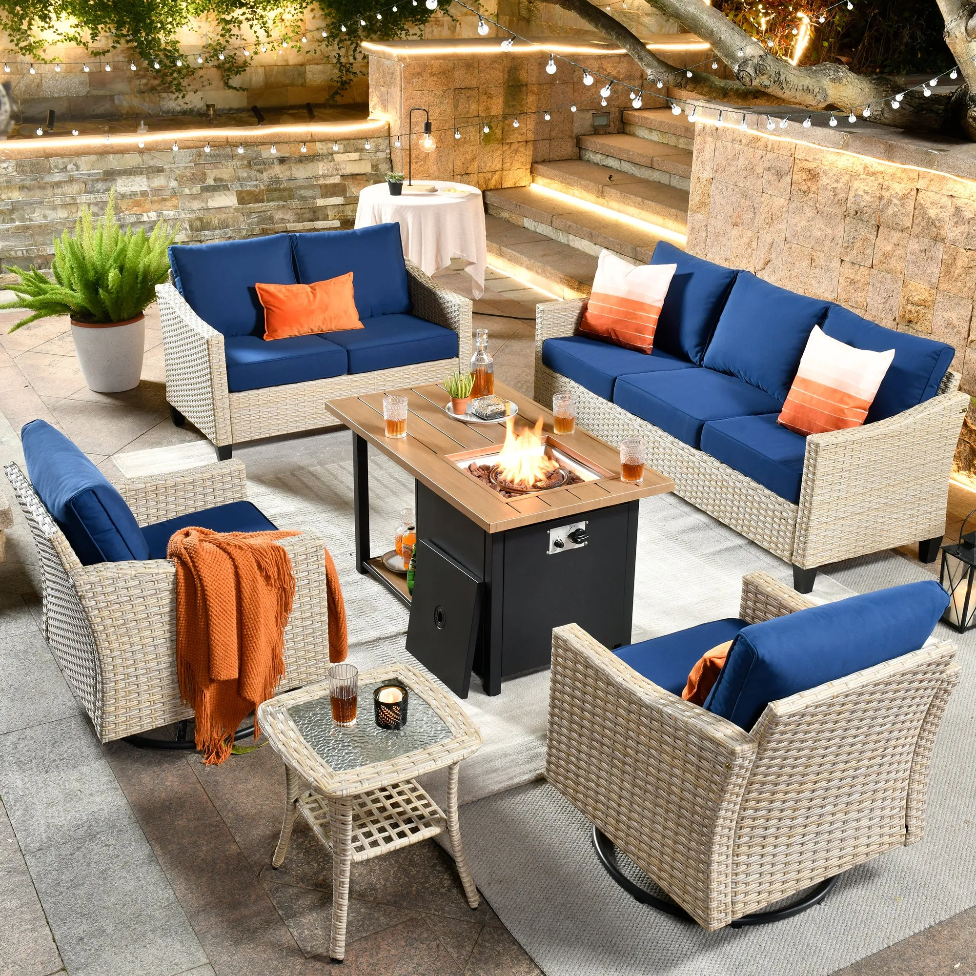 Ovios Athena Series Outdoor Furniture Sets 6-Piece include Swivel Chair & 46'' Fire Pit Table