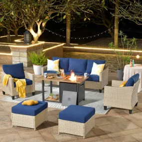 Ovios Athena Series Outdoor Patio Furniture Set 6-Piece with 46'' Double Layer Rectangle Fire Pit Table