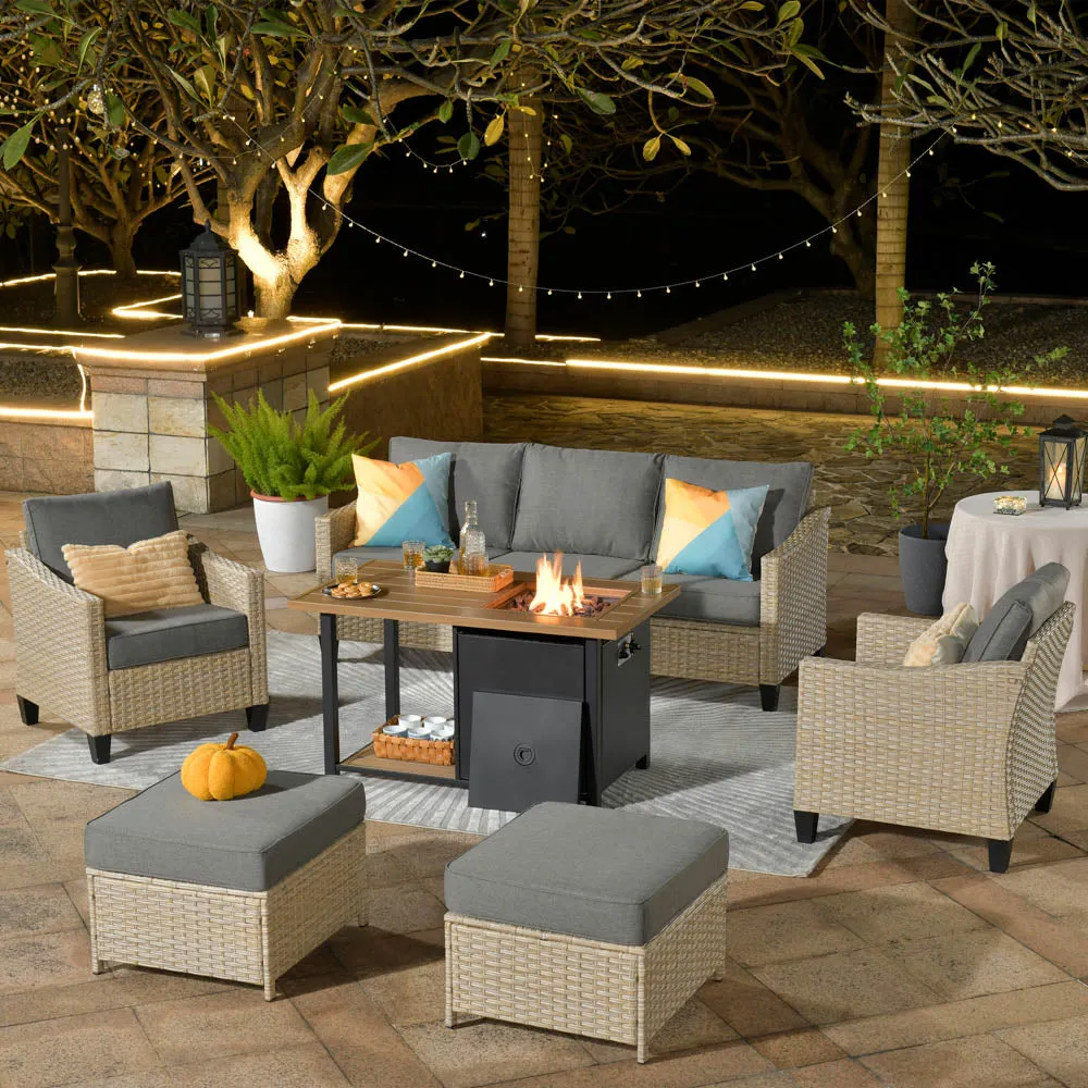 Ovios Athena Series Outdoor Patio Furniture Set 6-Piece with 46'' Double Layer Rectangle Fire Pit Table