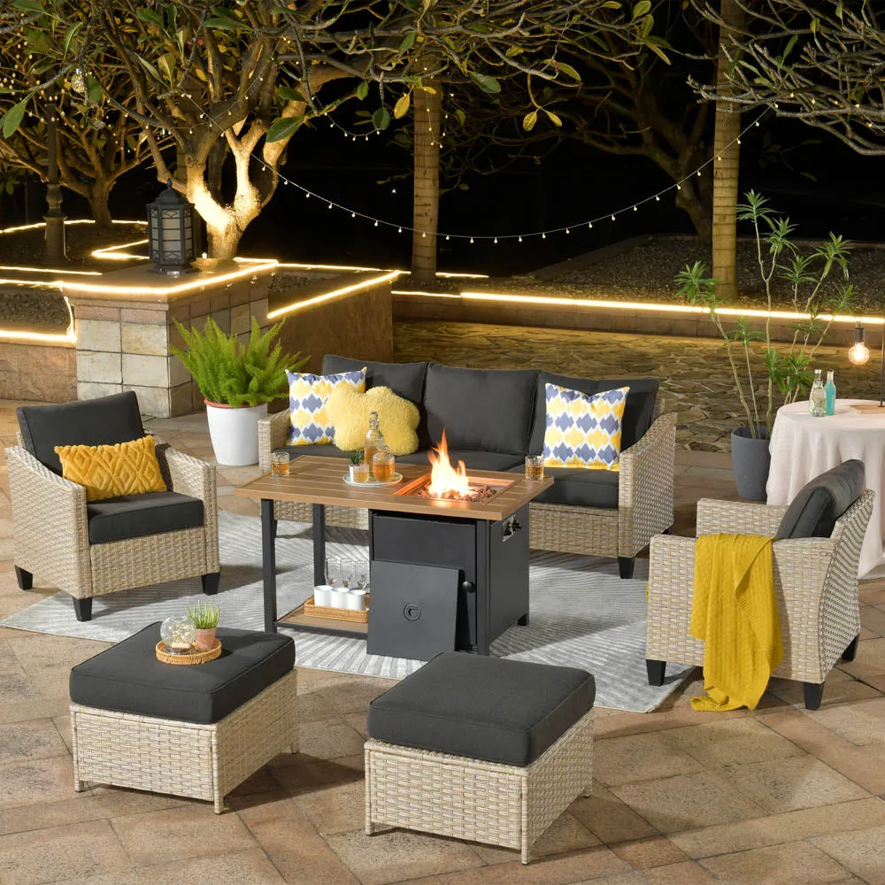 Ovios Athena Series Outdoor Patio Furniture Set 6-Piece with 46'' Double Layer Rectangle Fire Pit Table