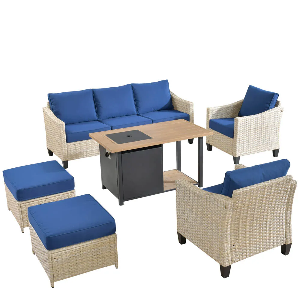 Ovios Athena Series Outdoor Patio Furniture Set 6-Piece with 46'' Double Layer Rectangle Fire Pit Table