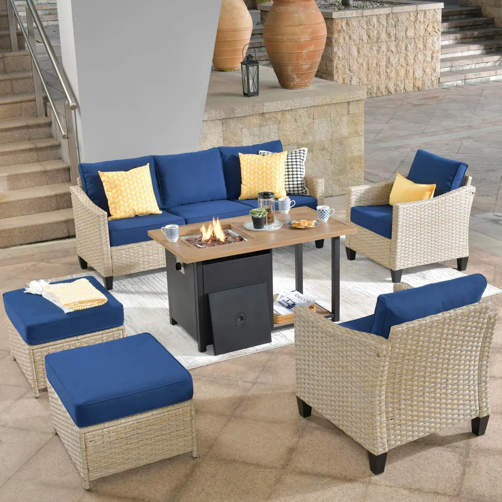 Ovios Athena Series Outdoor Patio Furniture Set 6-Piece with 46'' Double Layer Rectangle Fire Pit Table