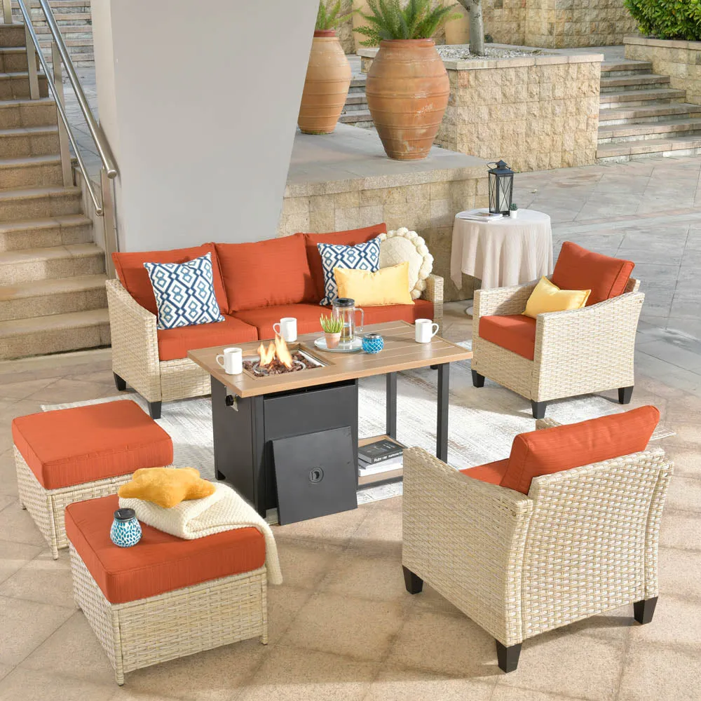 Ovios Athena Series Outdoor Patio Furniture Set 6-Piece with 46'' Double Layer Rectangle Fire Pit Table