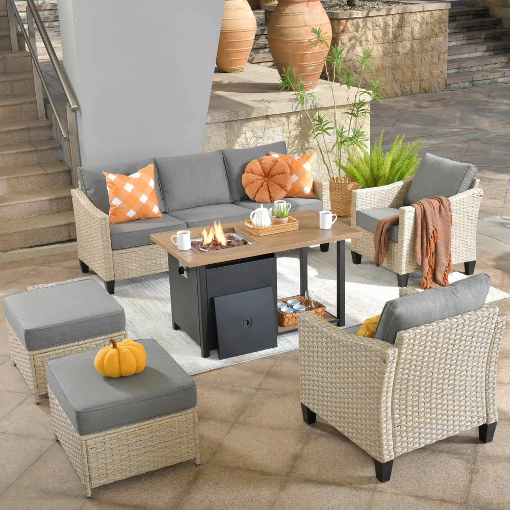 Ovios Athena Series Outdoor Patio Furniture Set 6-Piece with 46'' Double Layer Rectangle Fire Pit Table