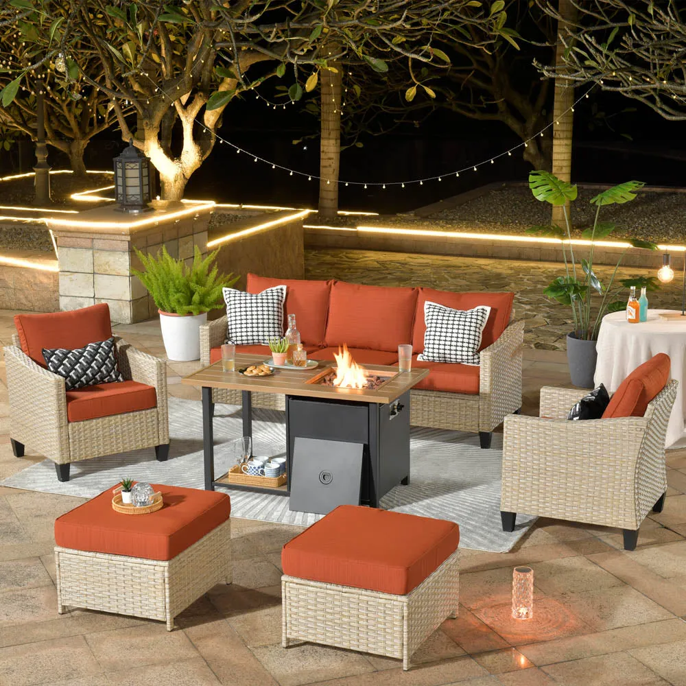 Ovios Athena Series Outdoor Patio Furniture Set 6-Piece with 46'' Double Layer Rectangle Fire Pit Table