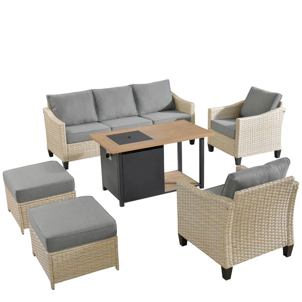 Ovios Athena Series Outdoor Patio Furniture Set 6-Piece with 46'' Double Layer Rectangle Fire Pit Table