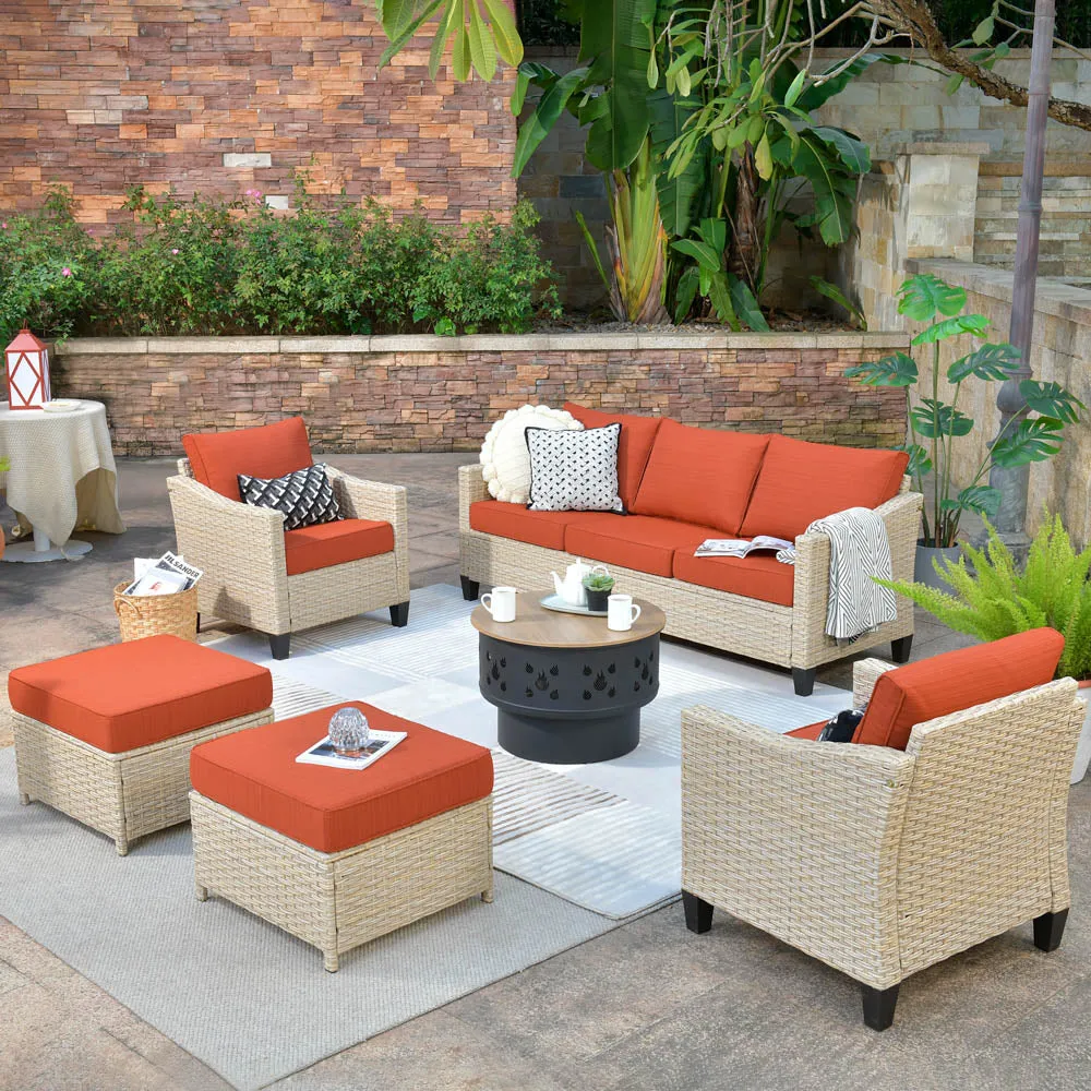 Ovios Athena Series Outdoor Patio Furniture Set 6-Piece with  Fire Pit